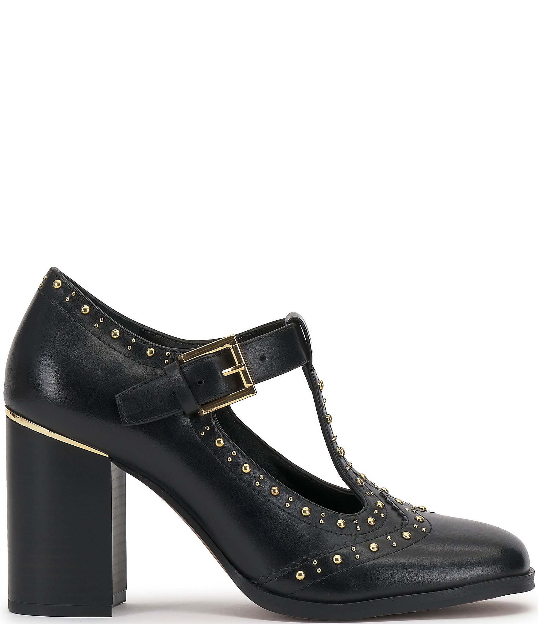Vince Camuto Maris Studded Leather T-Strap Wing Tip Block Heel Pumps