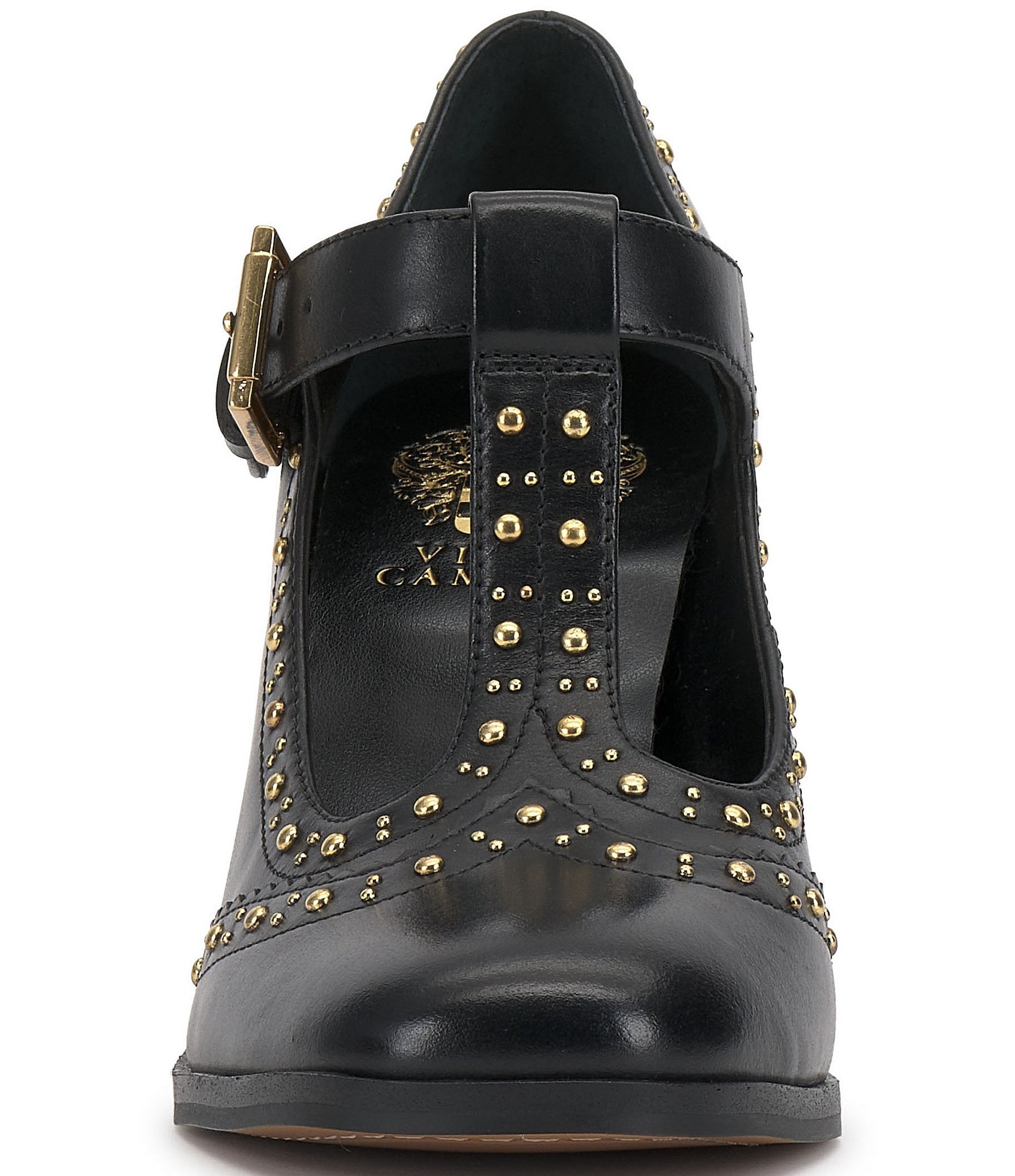 Vince Camuto Maris Studded Leather T-Strap Wing Tip Block Heel Pumps