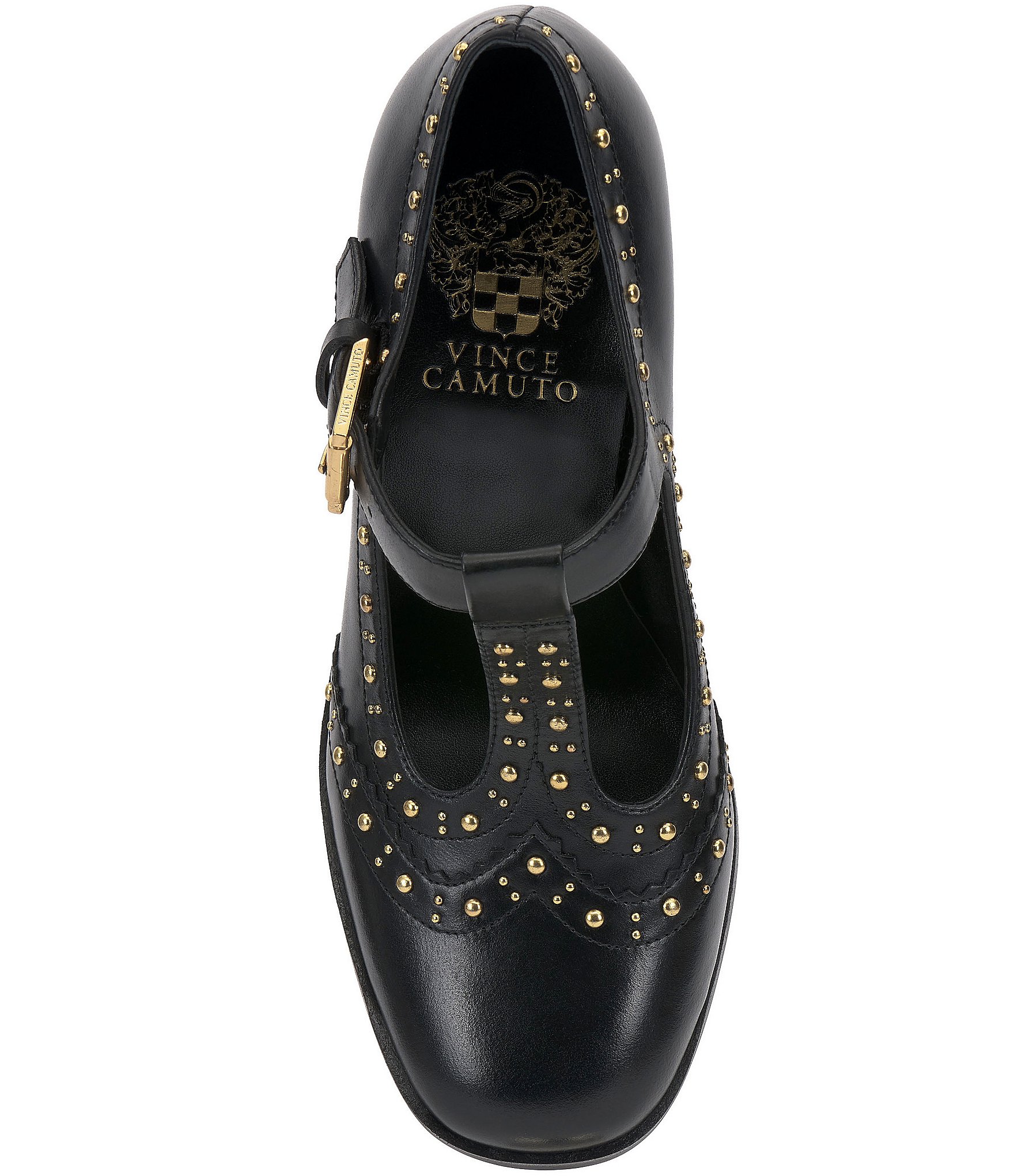 Vince Camuto Maris Studded Leather T-Strap Wing Tip Block Heel Pumps