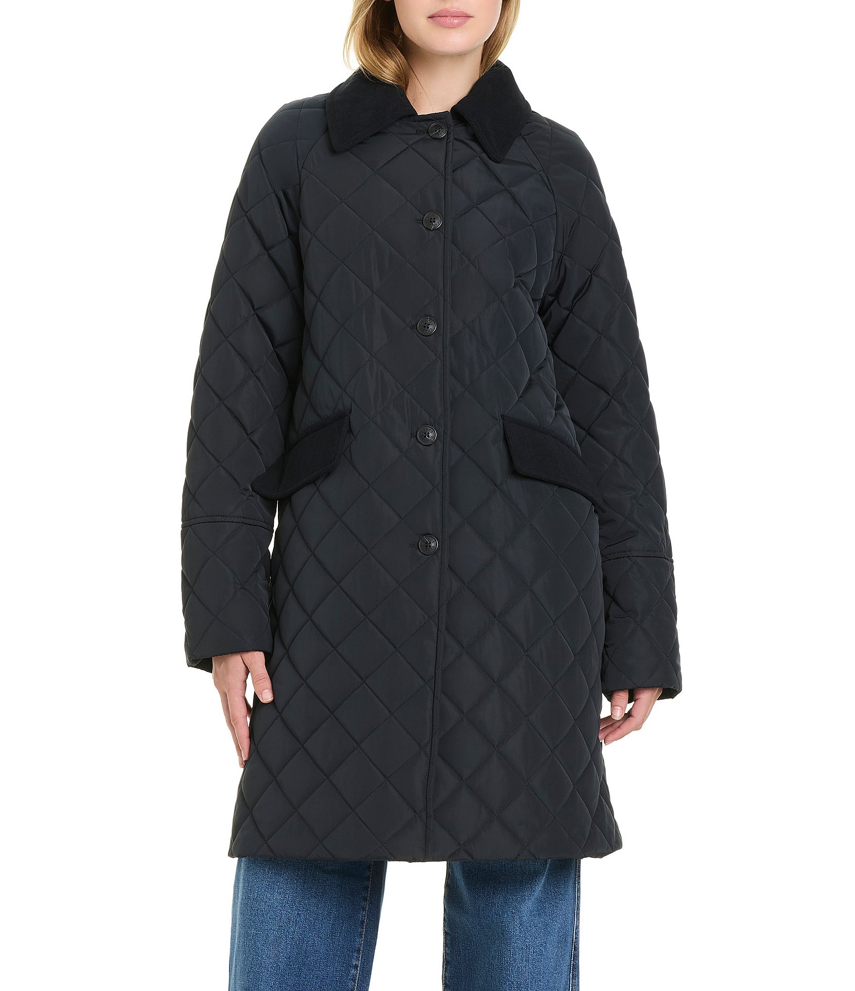 Vince Camuto Mini Quilt Corduroy Trim Point Collar Button Front Single Breasted Car Coat