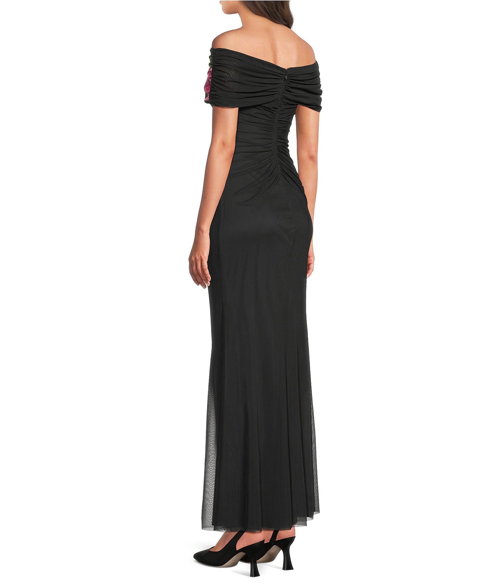 Vince Camuto Off The Shoulder Mesh Floral Sheath Gown