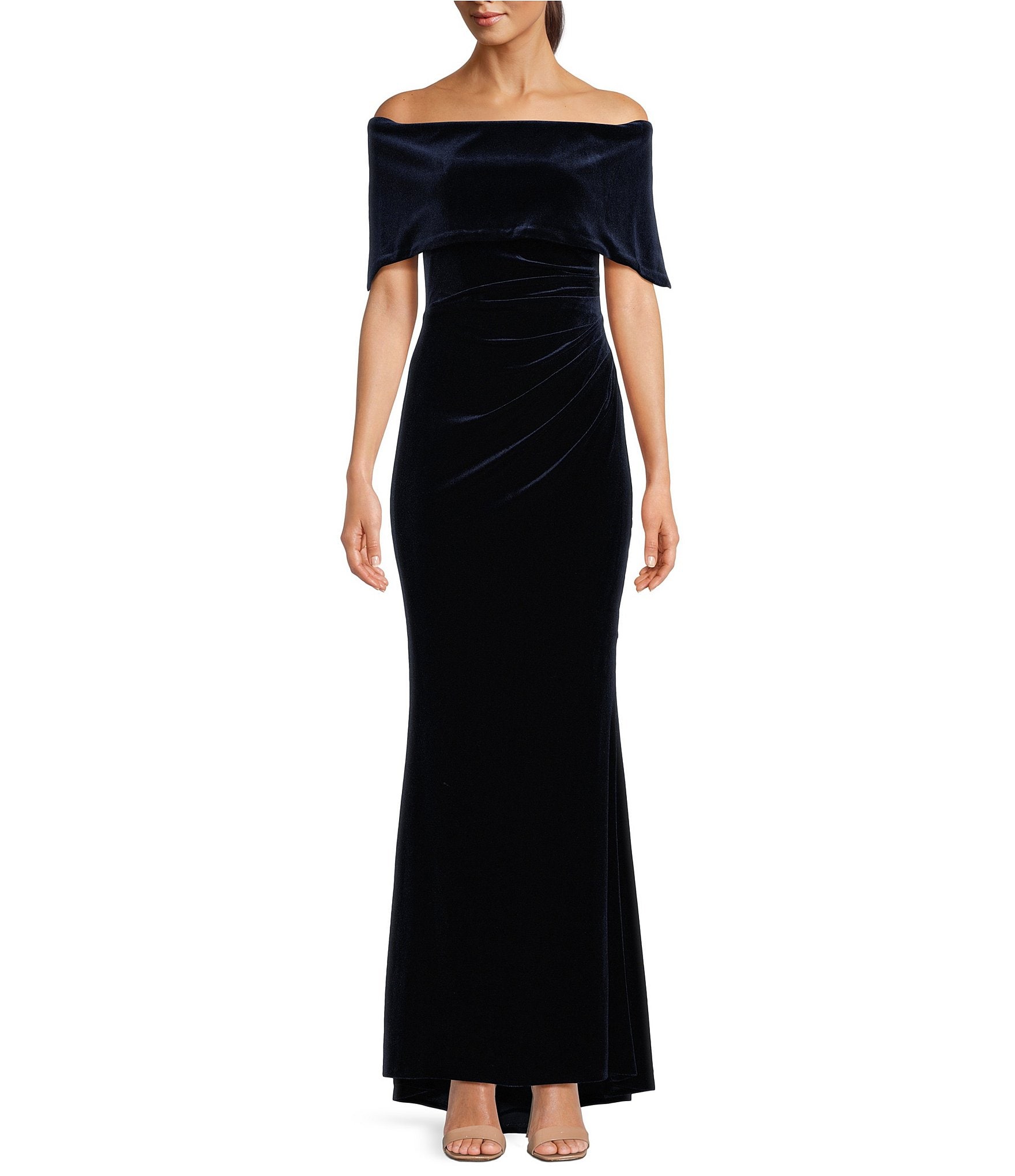 Xscape Off-the-Shoulder Short Sleeve Velvet A-Line Gown