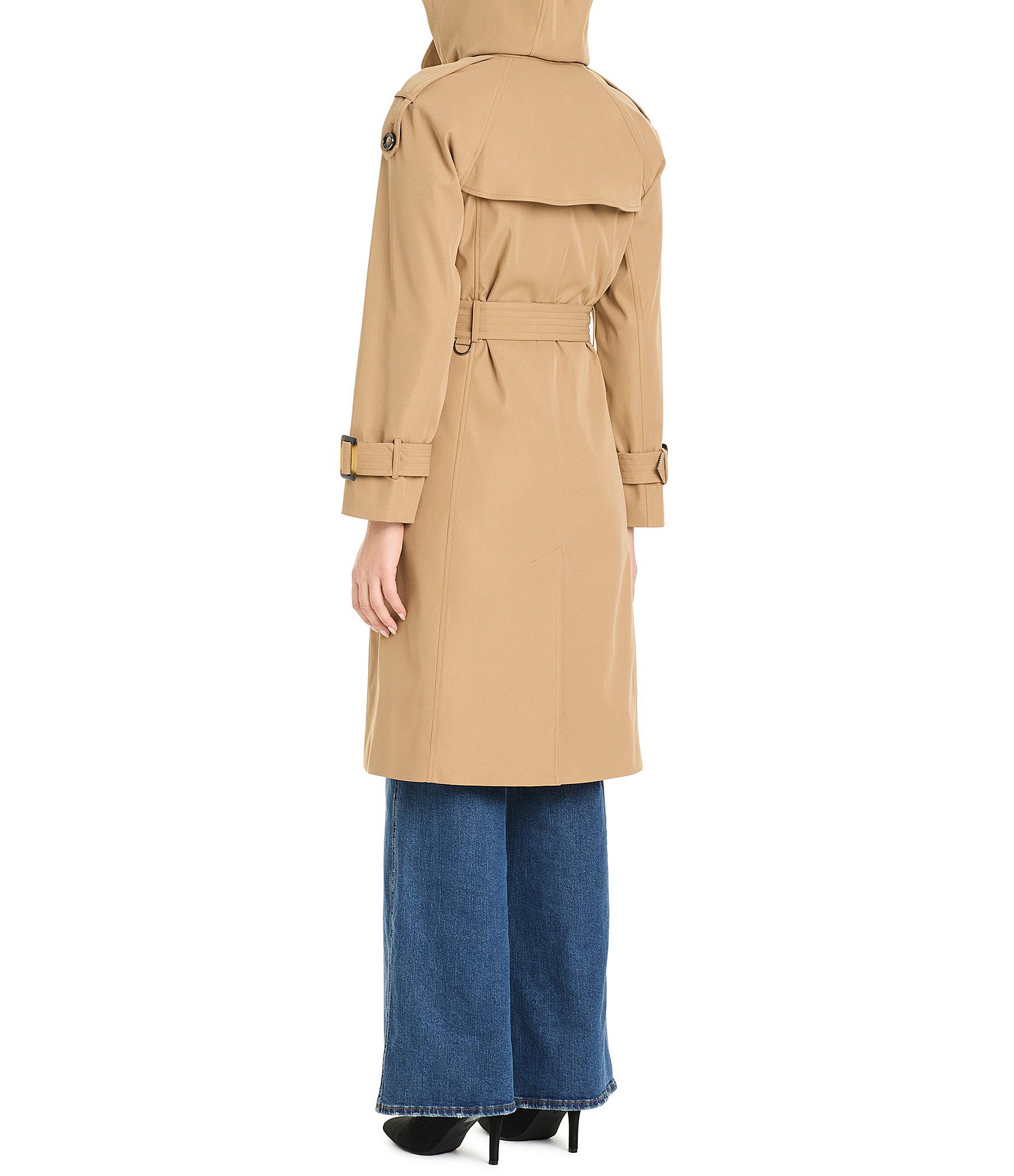 Vince Camuto Petite Size Plaid Collar Removable Hood Belted Button Front Double Breasted Trench Coat