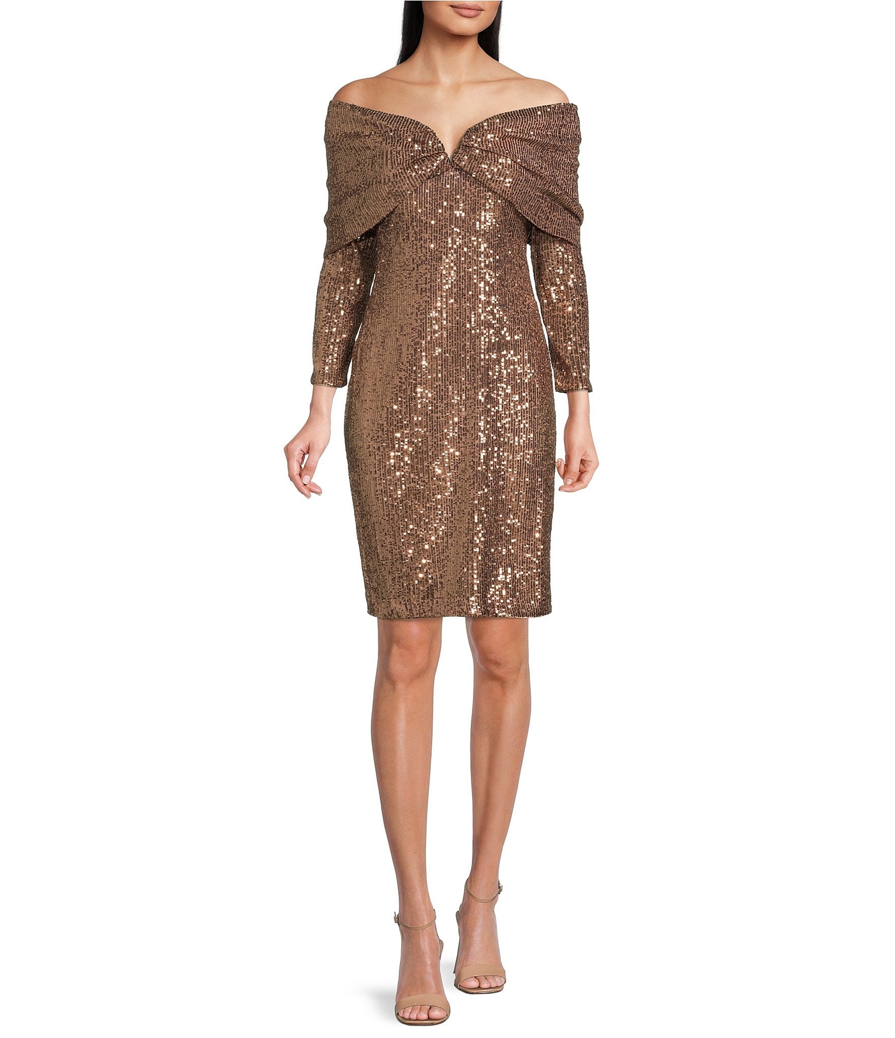 Vince Camuto Petite Size Sequin 3/4 Draped Sleeve Off-the-Shoulder ...