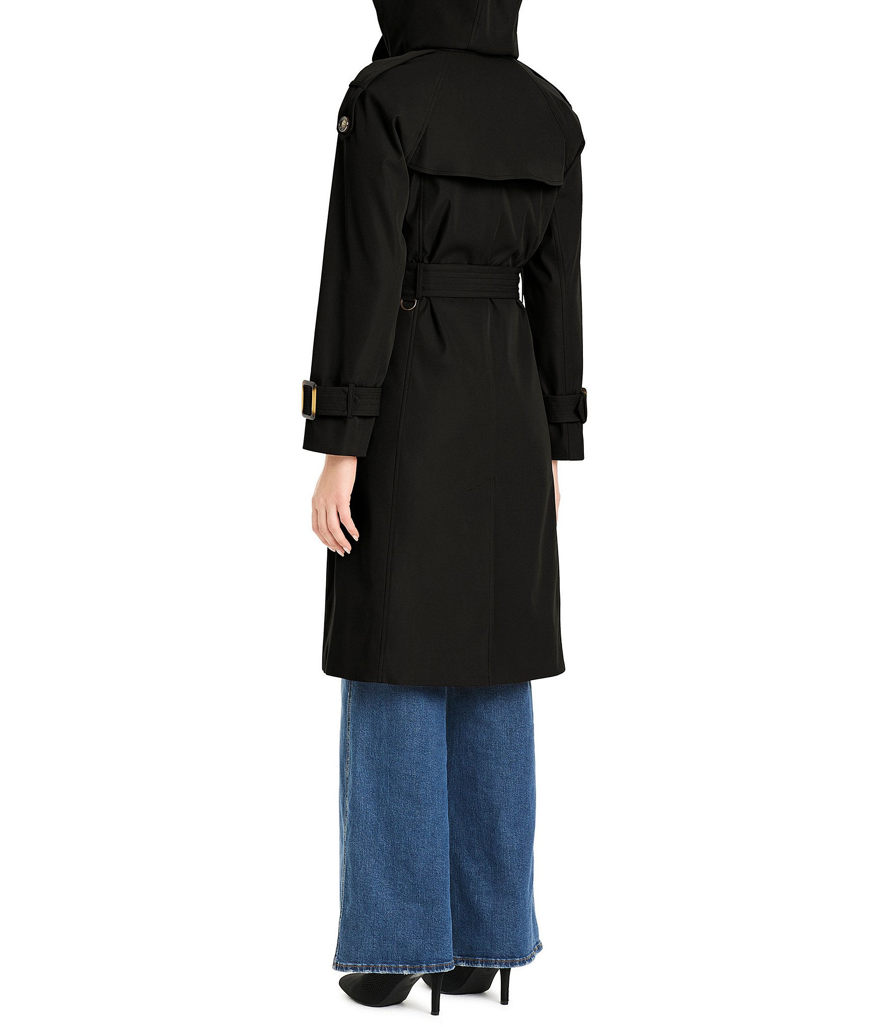 Vince Camuto Plaid Pattern Point Collar Belted Double Breasted Raincoat