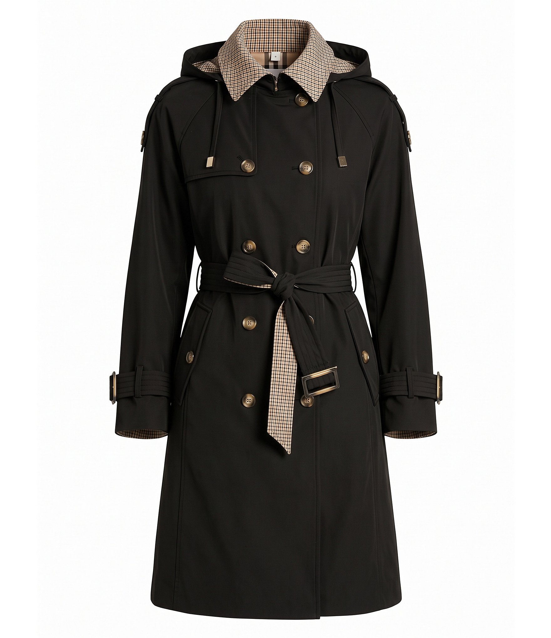 Vince Camuto Plaid Pattern Point Collar Belted Double Breasted Raincoat