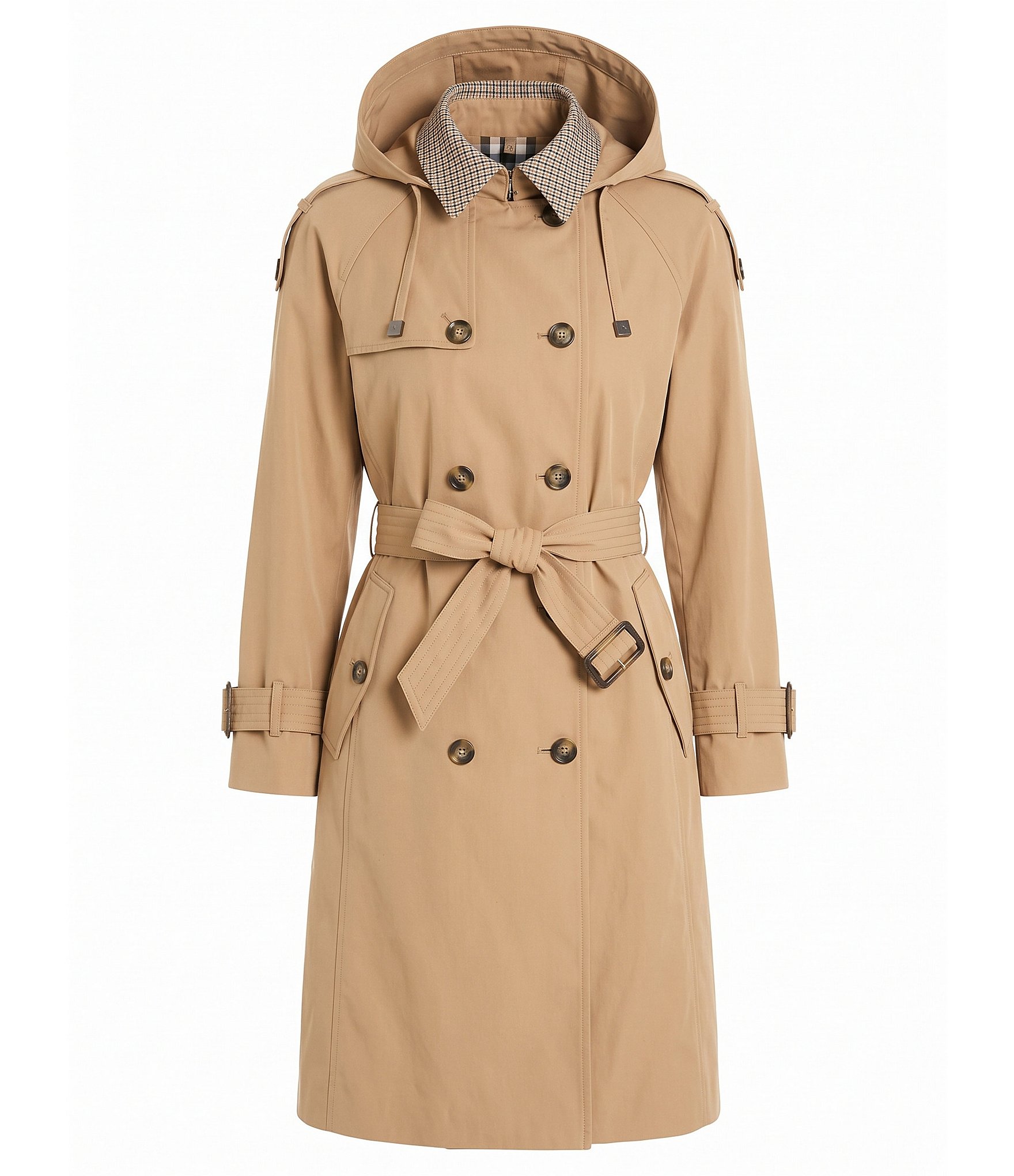 Vince Camuto Plaid Pattern Point Collar Belted Double Breasted Raincoat