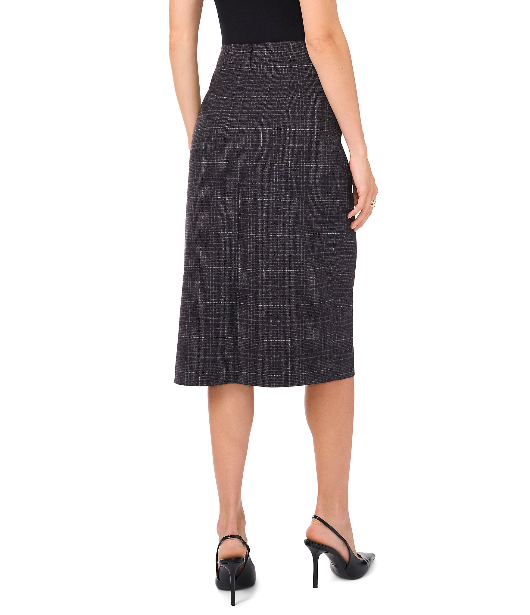 Vince Camuto Plaid Suiting Woven High Rise Pencil Side Slit Hem Midi Skirt