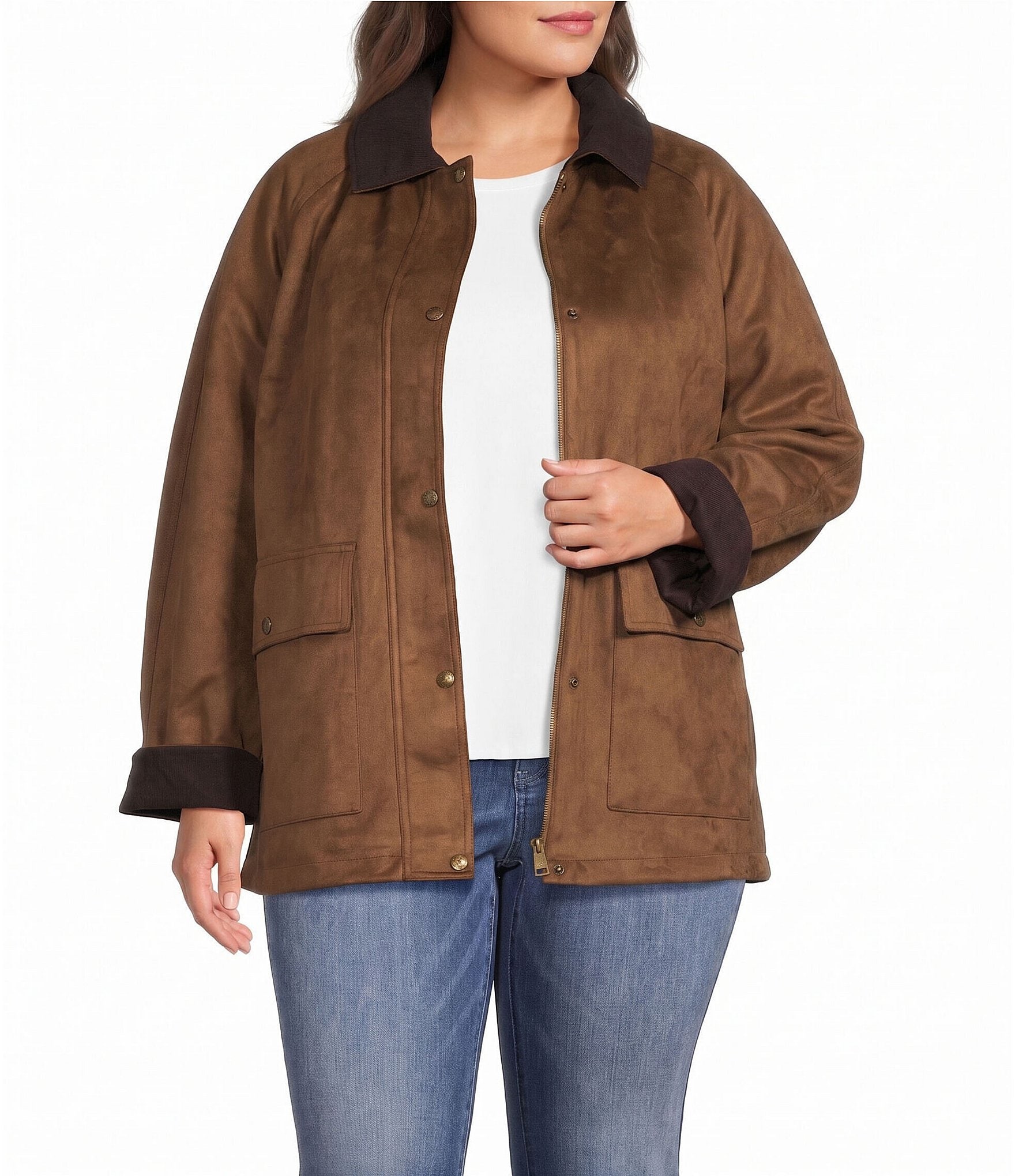 Vince Camuto Plus Size Corduroy Point Collar Raglan Sleeves Faux Suede Barn Style Jacket