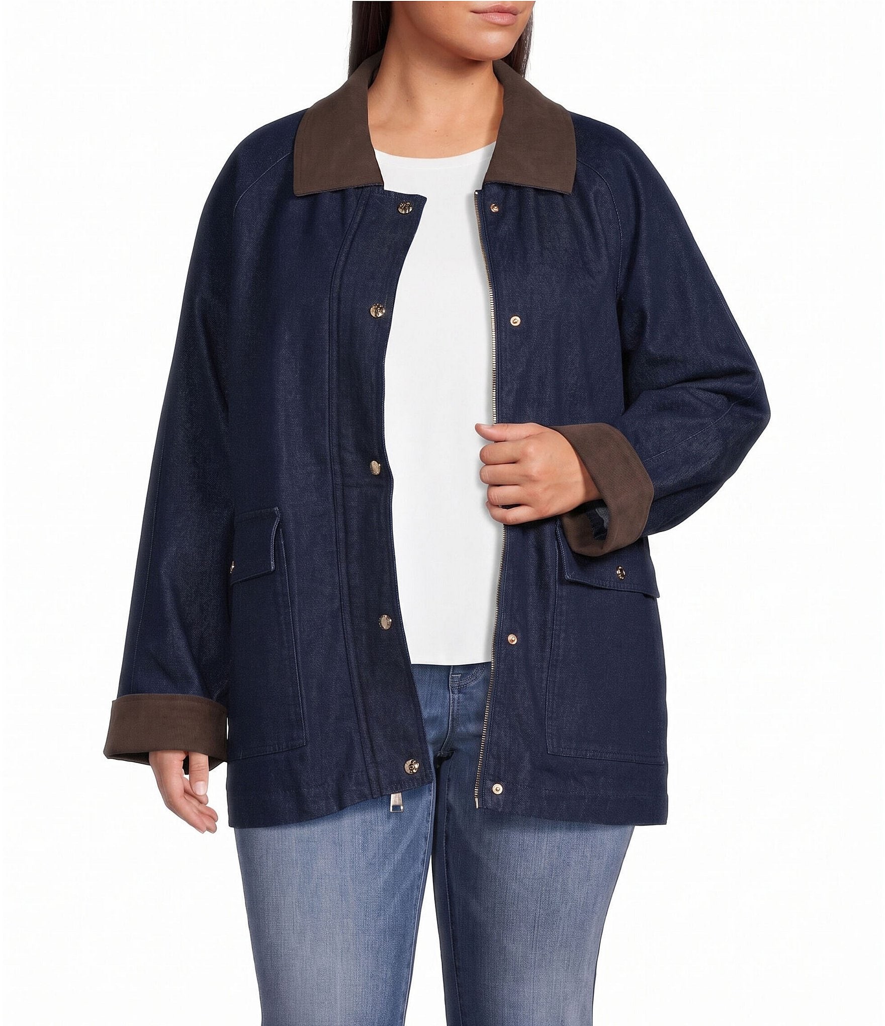 Vince Camuto Plus Size Denim Corduroy Point Collar Snap Front Barn Style Jacket