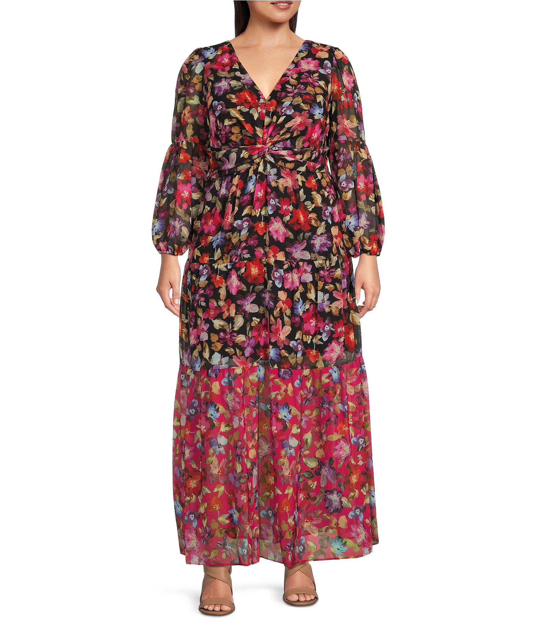 Vince Camuto Plus Size Floral Print V-Neck 3/4 Sleeve Chiffon Maxi ...