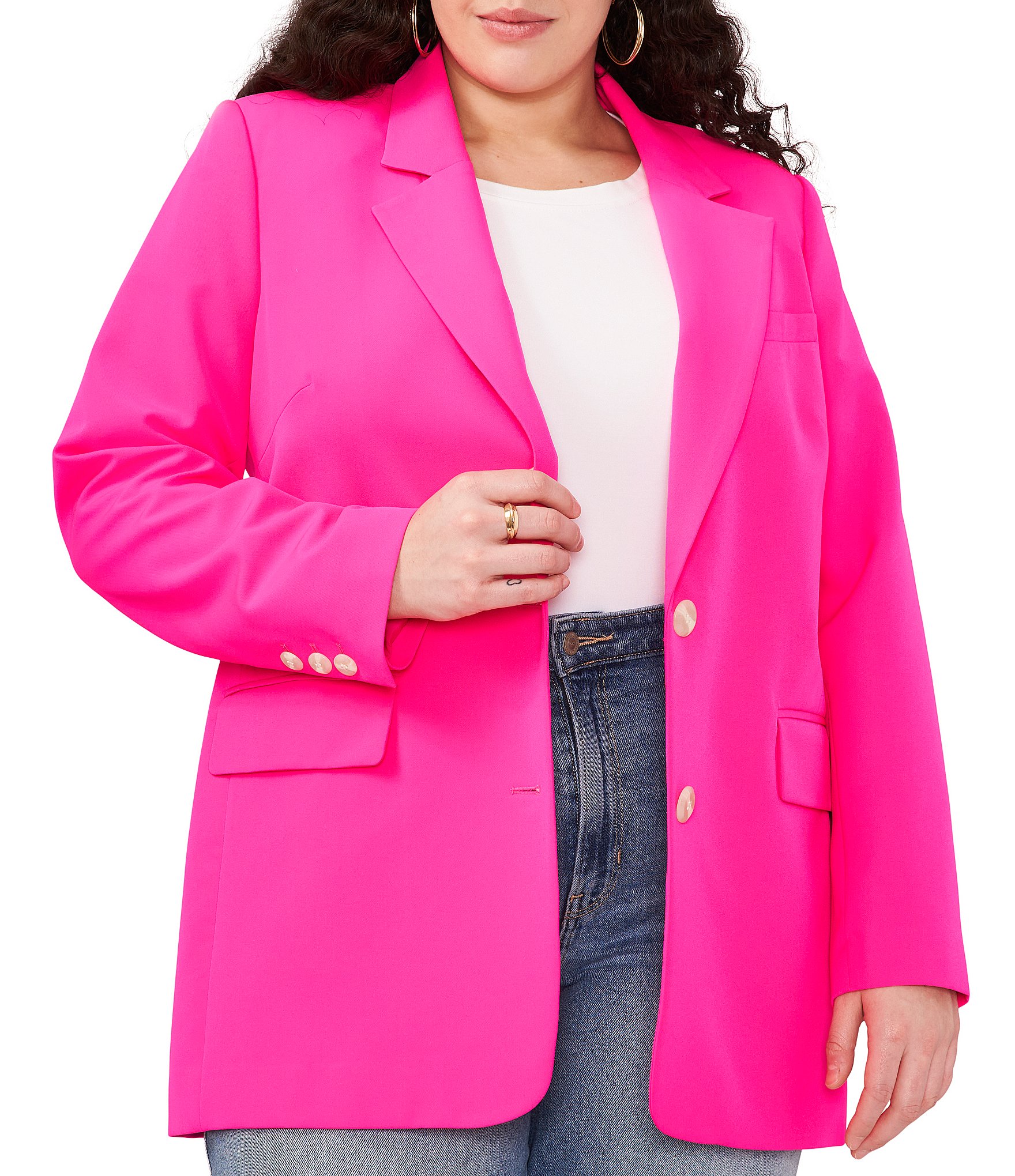 Plus Size Women's Hot Pink Blazer Casual Business Blazers Long Sleeve Open  Front Cropped Cardigans Work Office Buttons Jacket