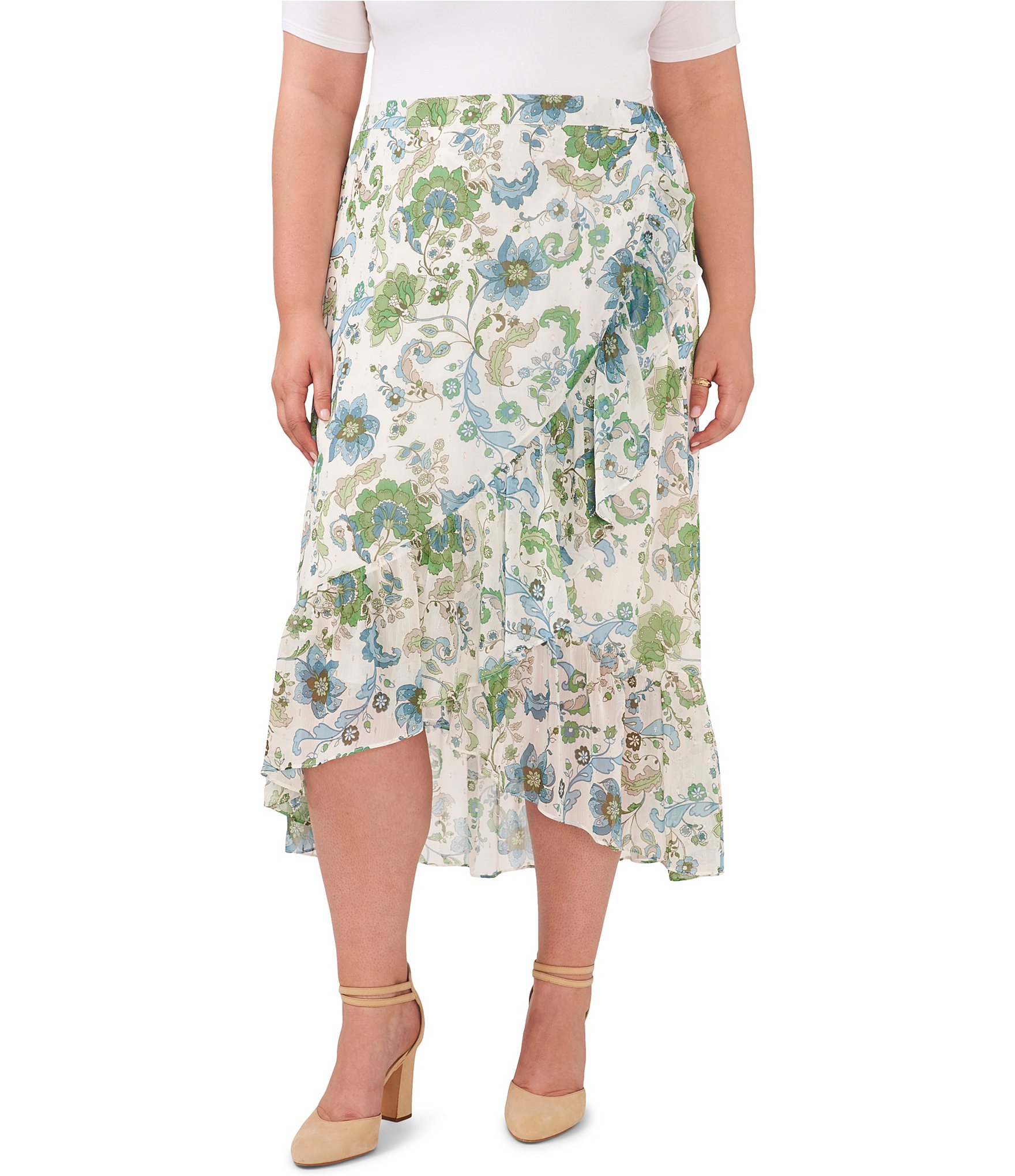 Vince Camuto Plus Size Paisley Print Ruffle Faux Wrap Skirt | Dillard's