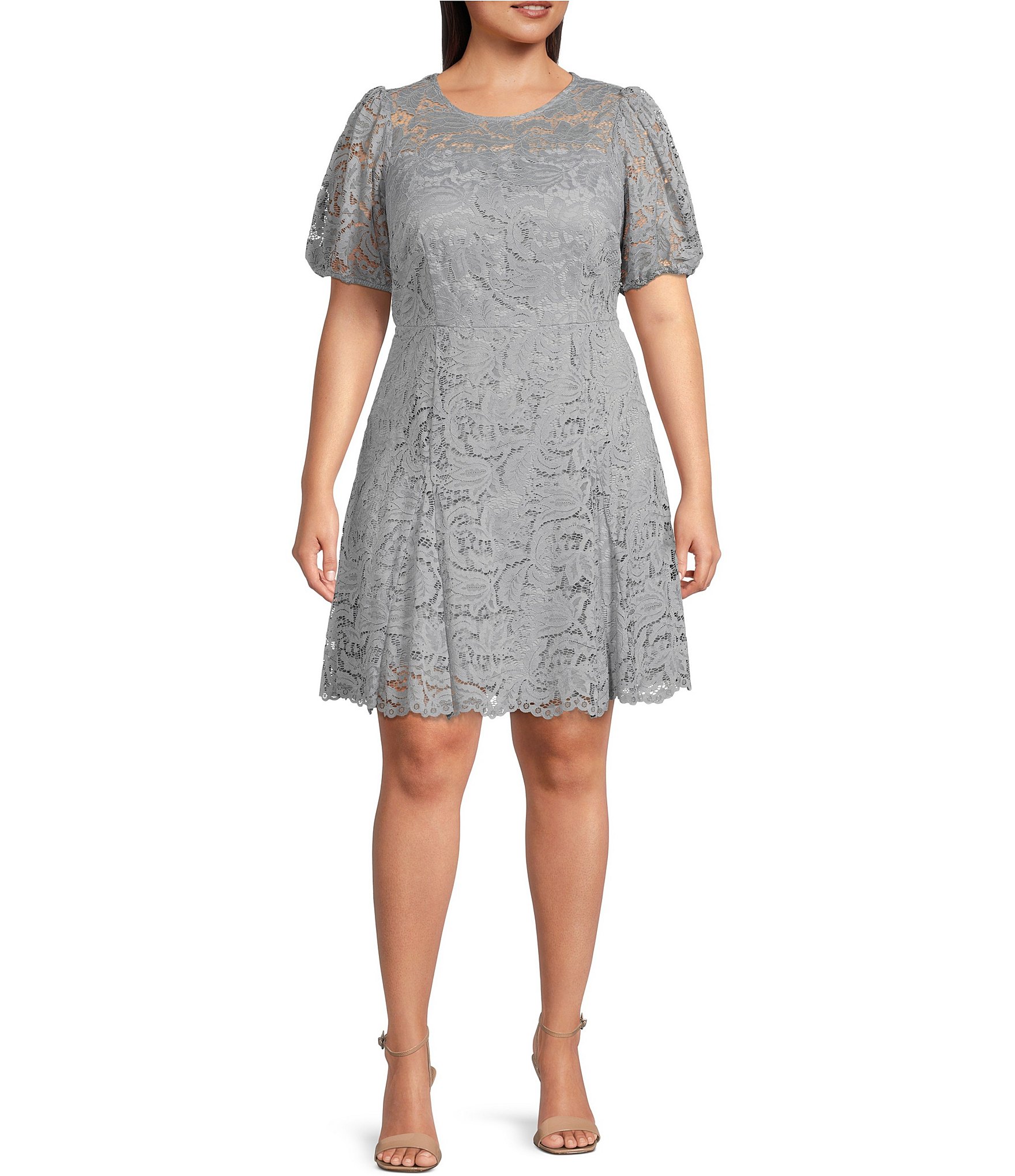 Vince Camuto Plus Size Short Puffed Sleeve Fit and Flare Lace Dress ...