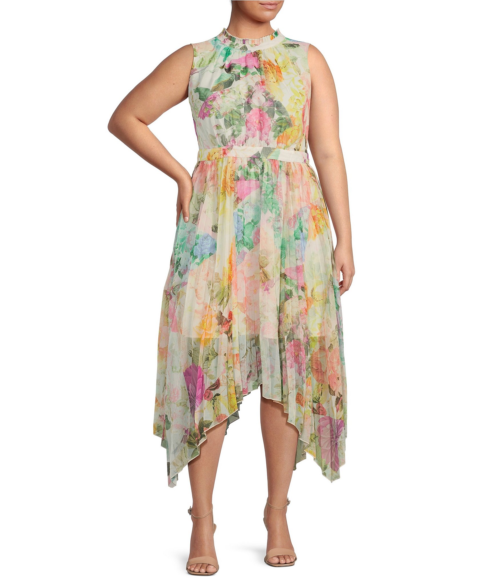 Vince Camuto Plus Size Sleeveless Halter High-Low Pleated Floral Midi ...
