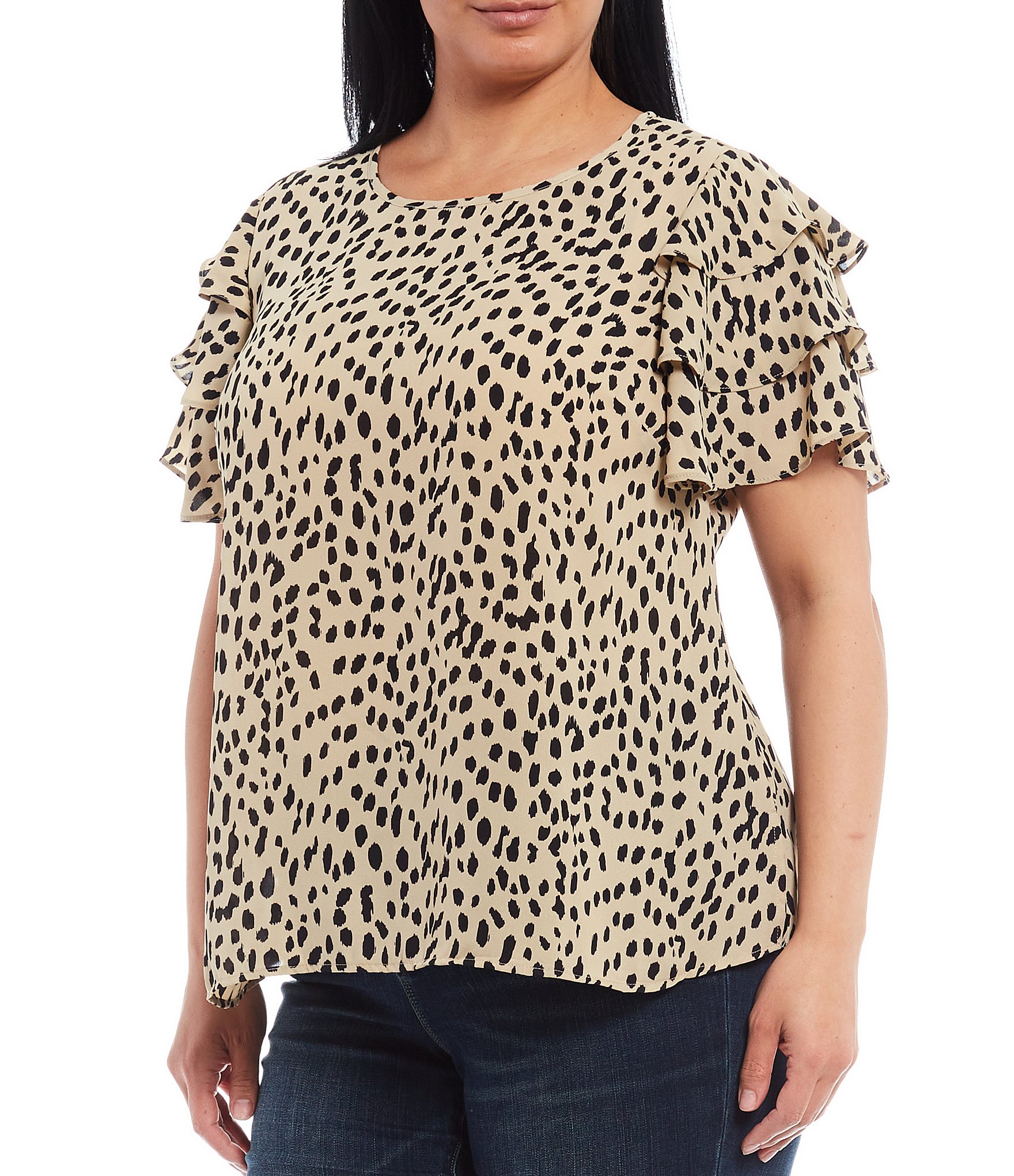 Vince Camuto Size Round Neck Tiered Short Sleeve Print Blouse | Dillard's