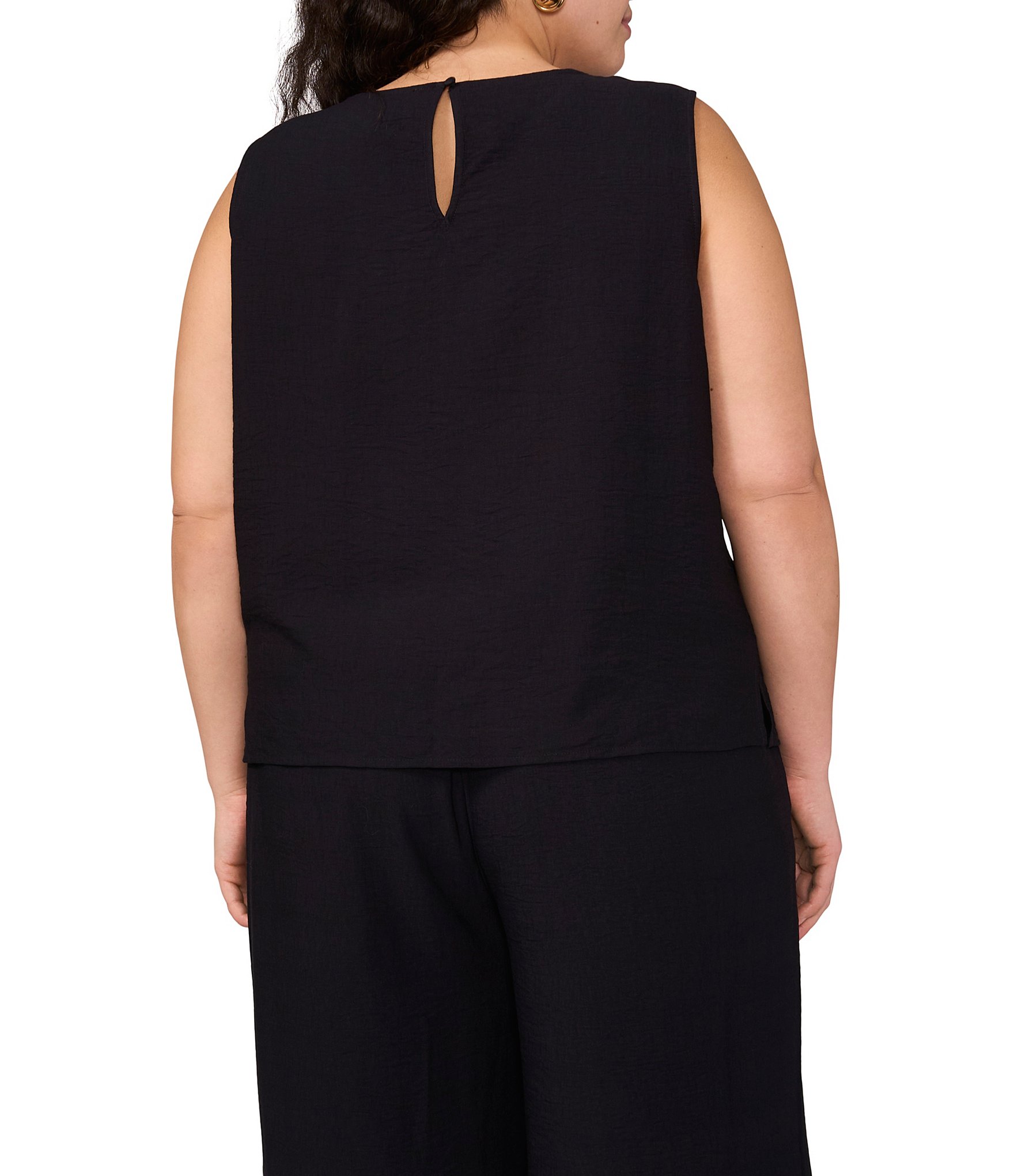Vince Camuto Plus Size Woven Crew Neck Sleeveless Embroidered Cutout Tank