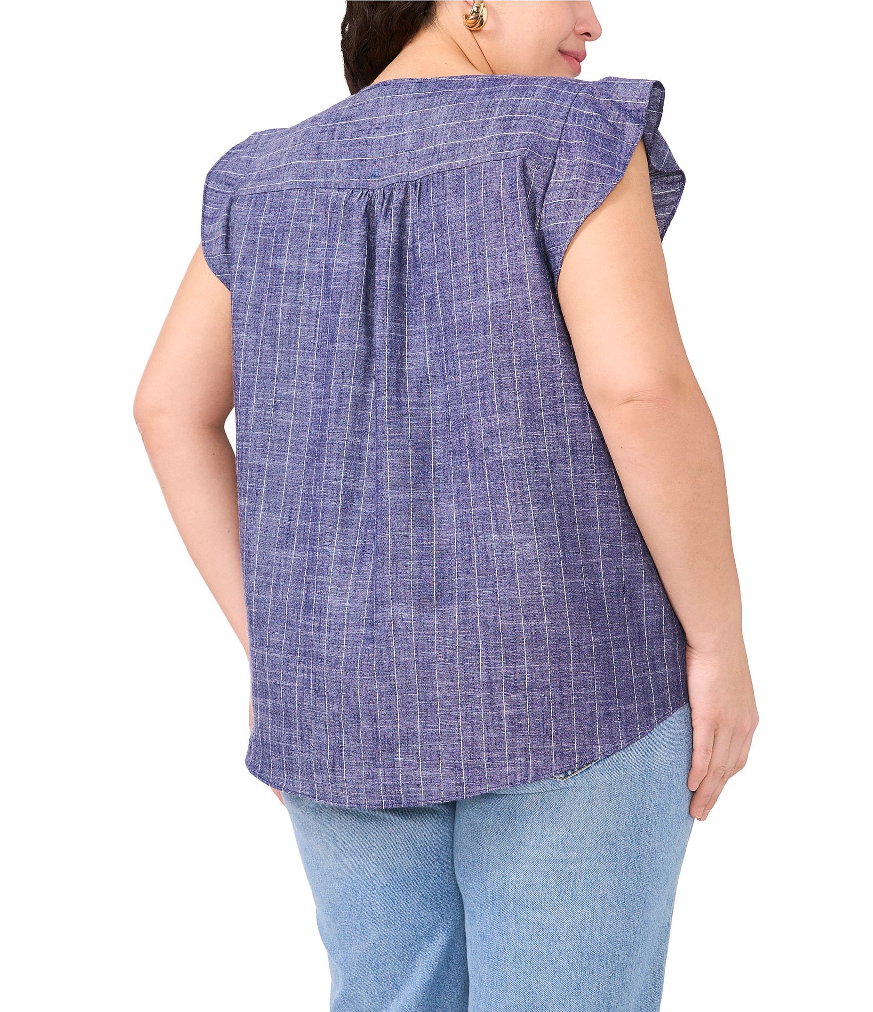 Vince Camuto Plus Size Woven Striped V-Neck Ruffle Sleeve Blouse