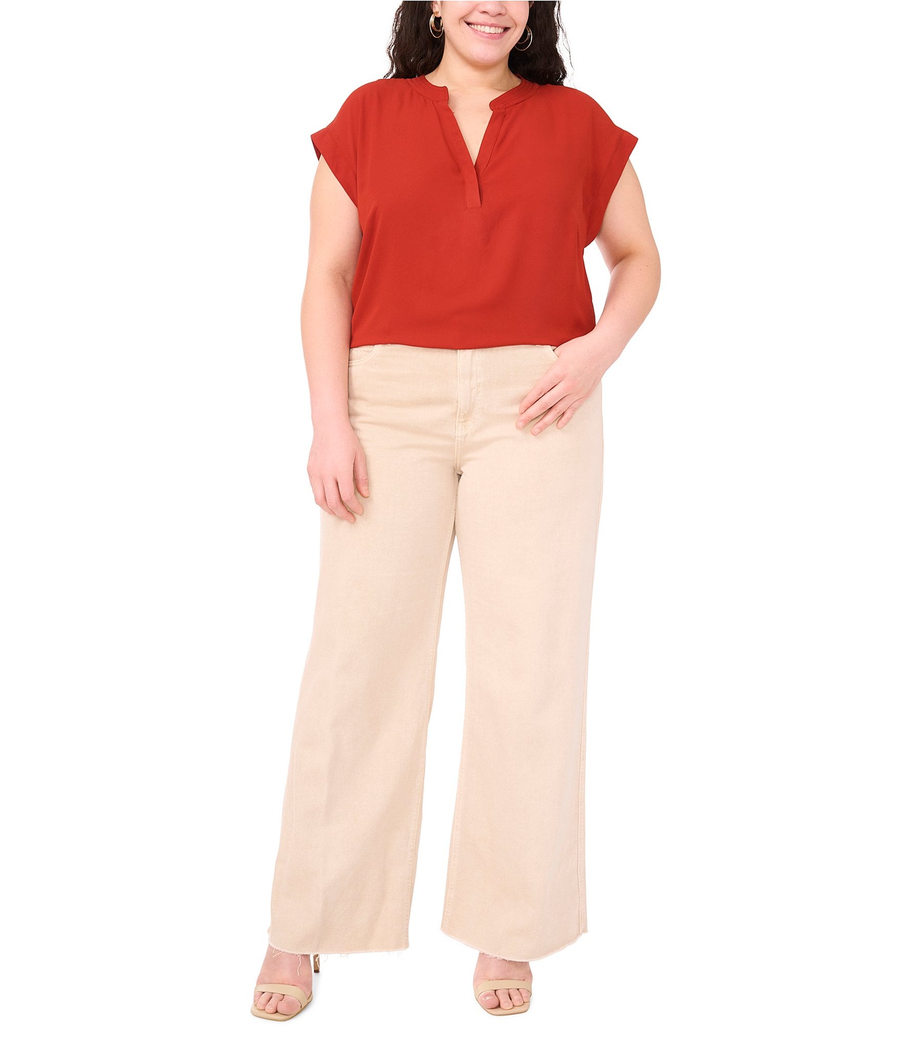 Vince Camuto Plus Size Woven V-Neck Short Sleeve Blouse