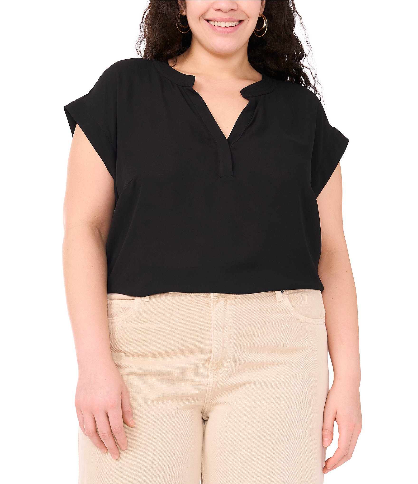 Vince Camuto Plus Size Woven V-Neck Short Sleeve Blouse