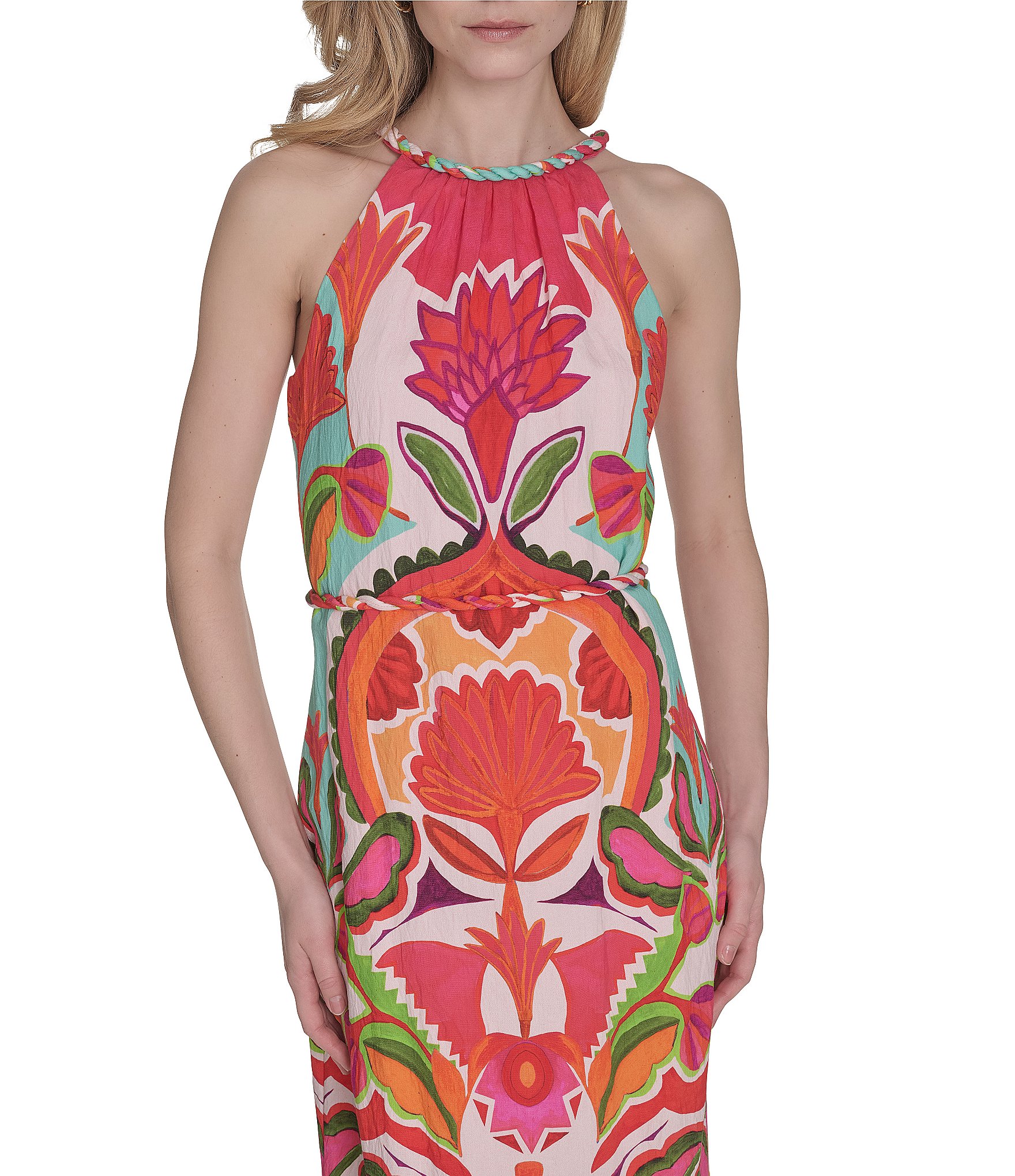 Vince Camuto Printed Halter Neck Sleeveless Belted Maxi A-Line Dress