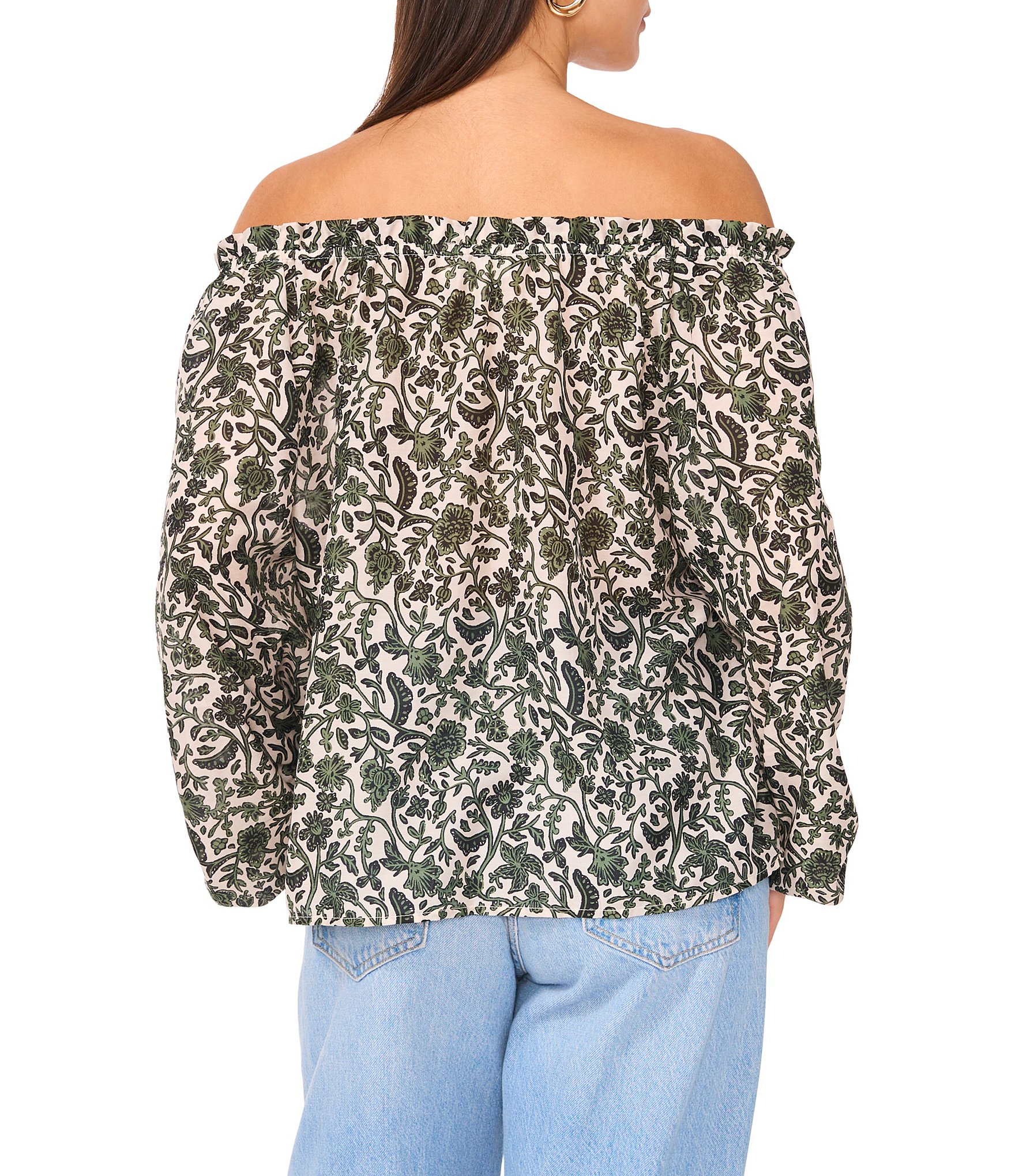 Vince Camuto Printed Off-The-Shoulder Long Sleeve Button Front Blouse
