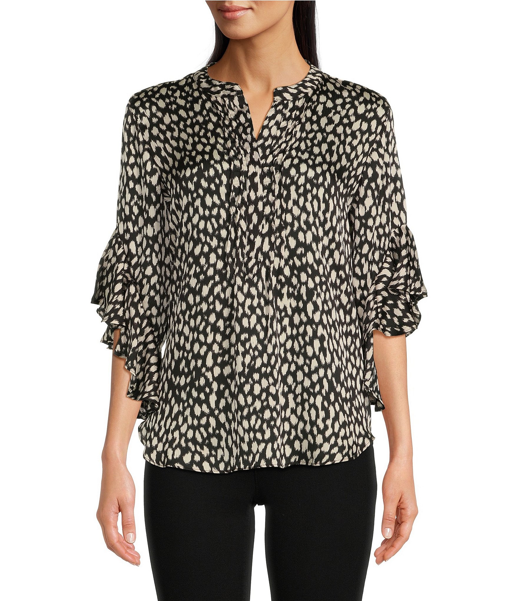 Vince Camuto Printed Ruffled 3 4 Sleeve Y Neck Blouse Dillards