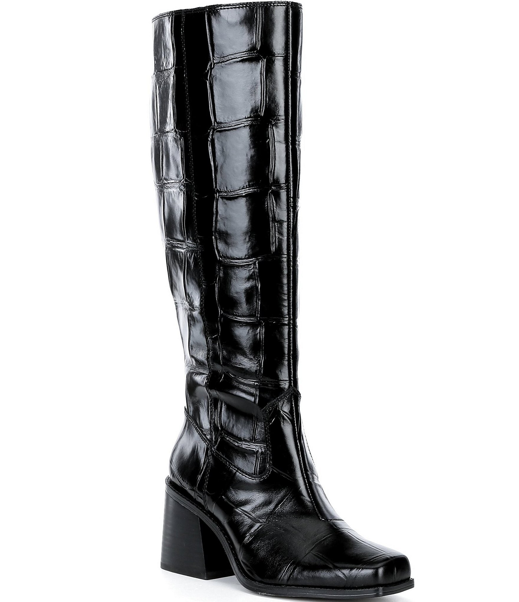 Vince Camuto Sangeti Croco Leather Square Toe Block Heel Tall Boots
