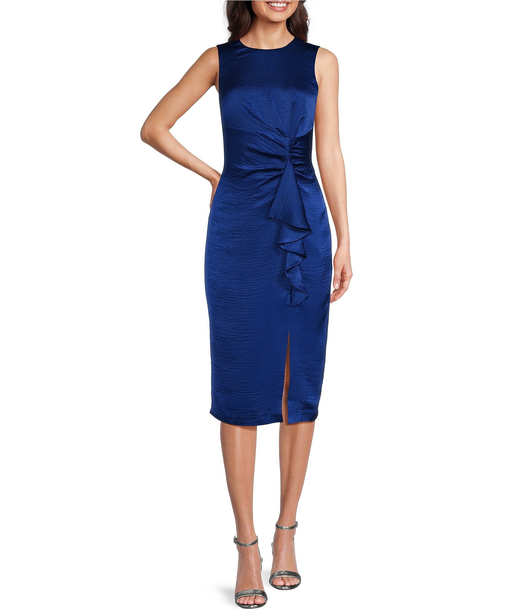 Vince Camuto Satin Tuck Waist Ruffle Skirt Midi Dress | Dillard's