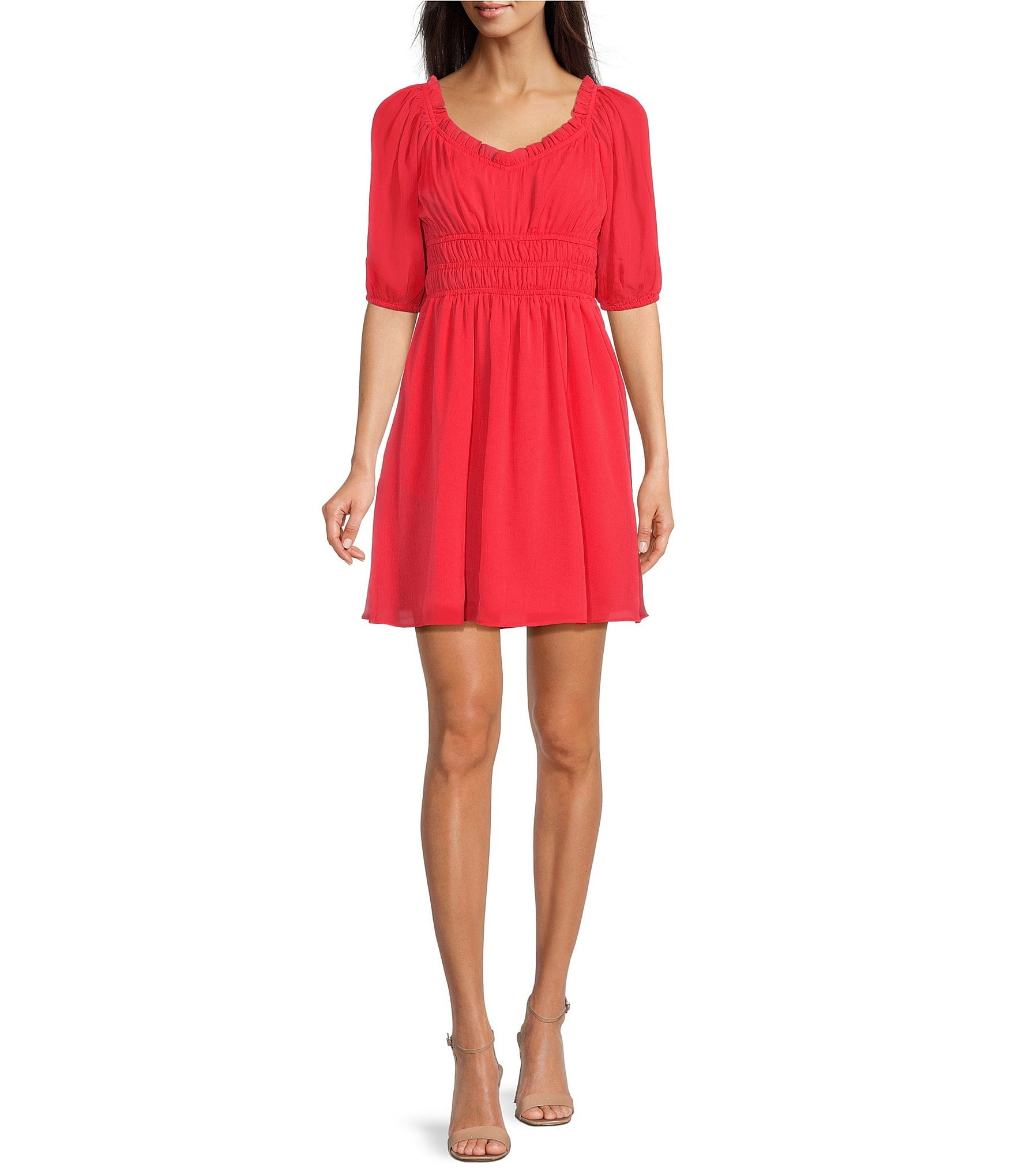 Vince Camuto Short Sleeve Chiffon Ruffled V-Neck Fit and Flare Dress ...