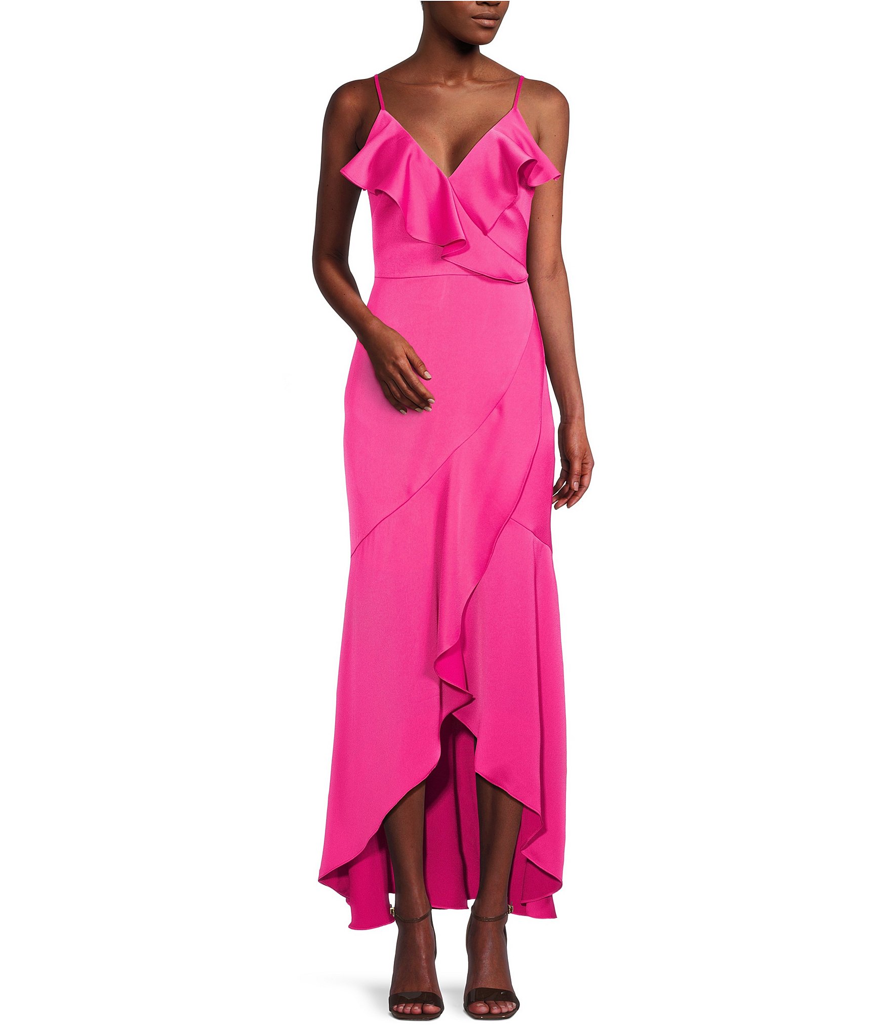 Vince Camuto Sleeveless Satin V-Neck Ruffle Wrap Dress | Dillard's
