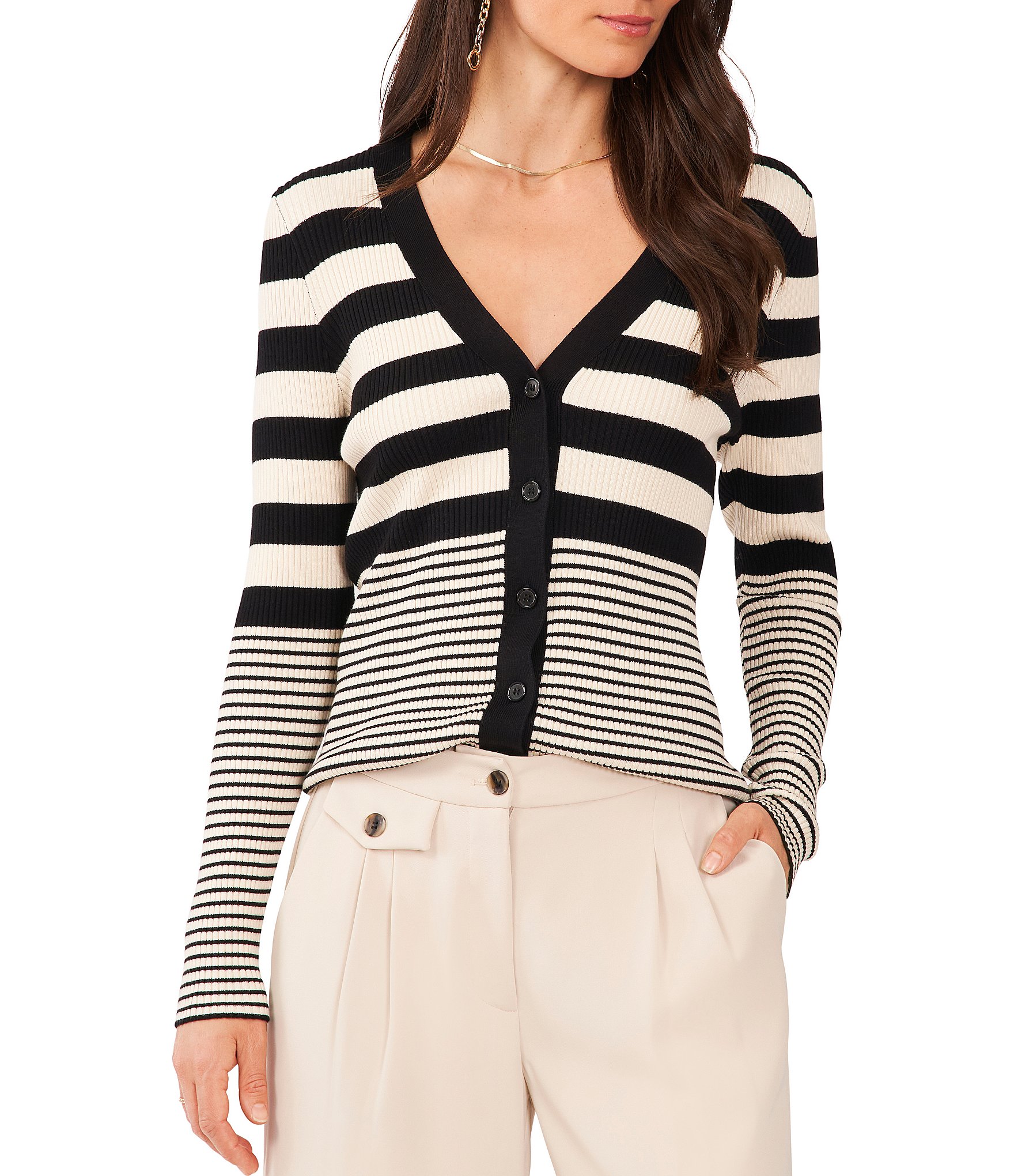 Vince Camuto Striped Ribbed Knit V-Neck Long Sleeve Button Front Cardigan |  Dillard's