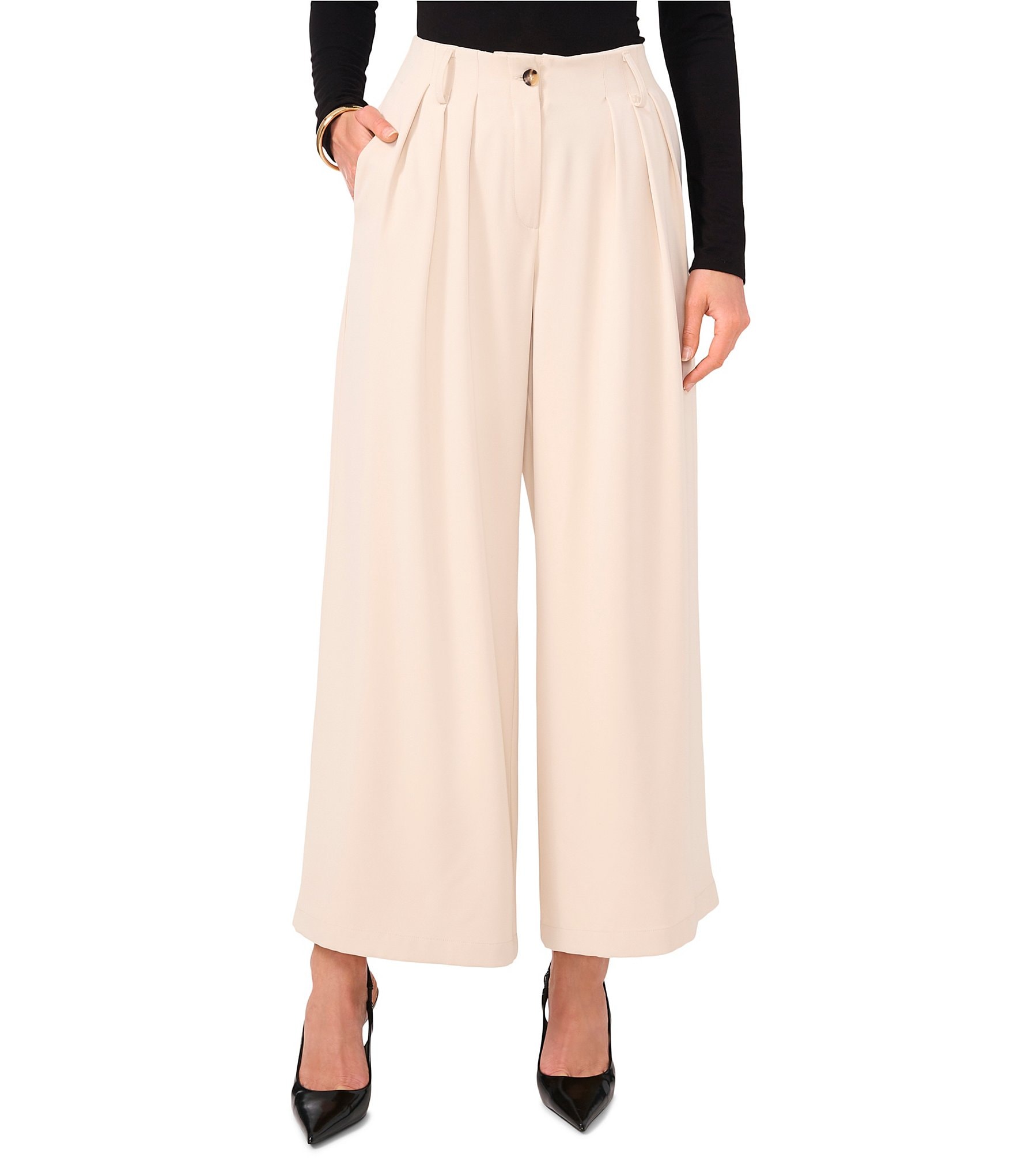 Vince Camuto Twill High Rise Pleated Wide Leg Palazzo Trousers