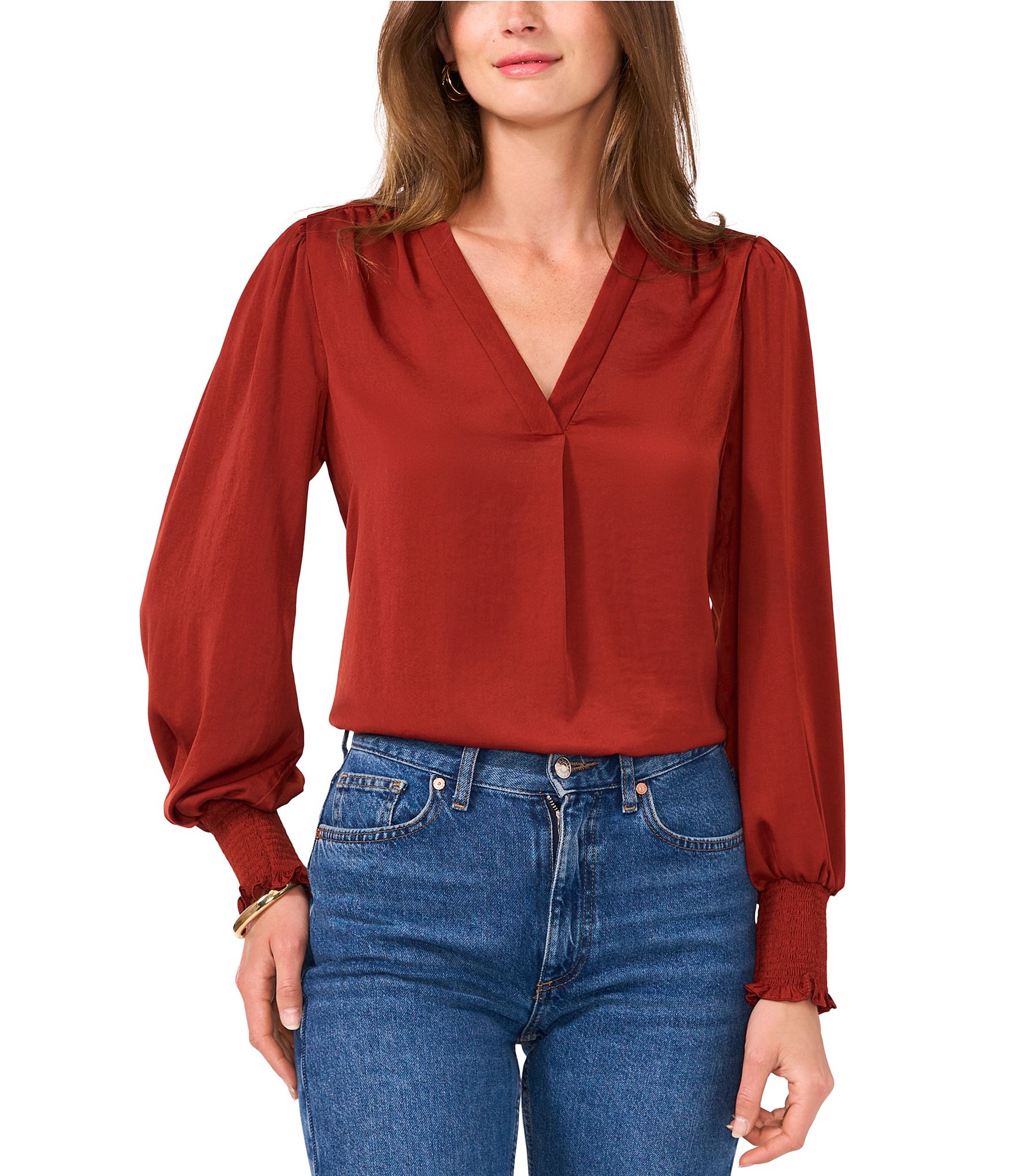 Vince Camuto V-Neck Long Sleeve Smocked Cuff Rumple Blouse