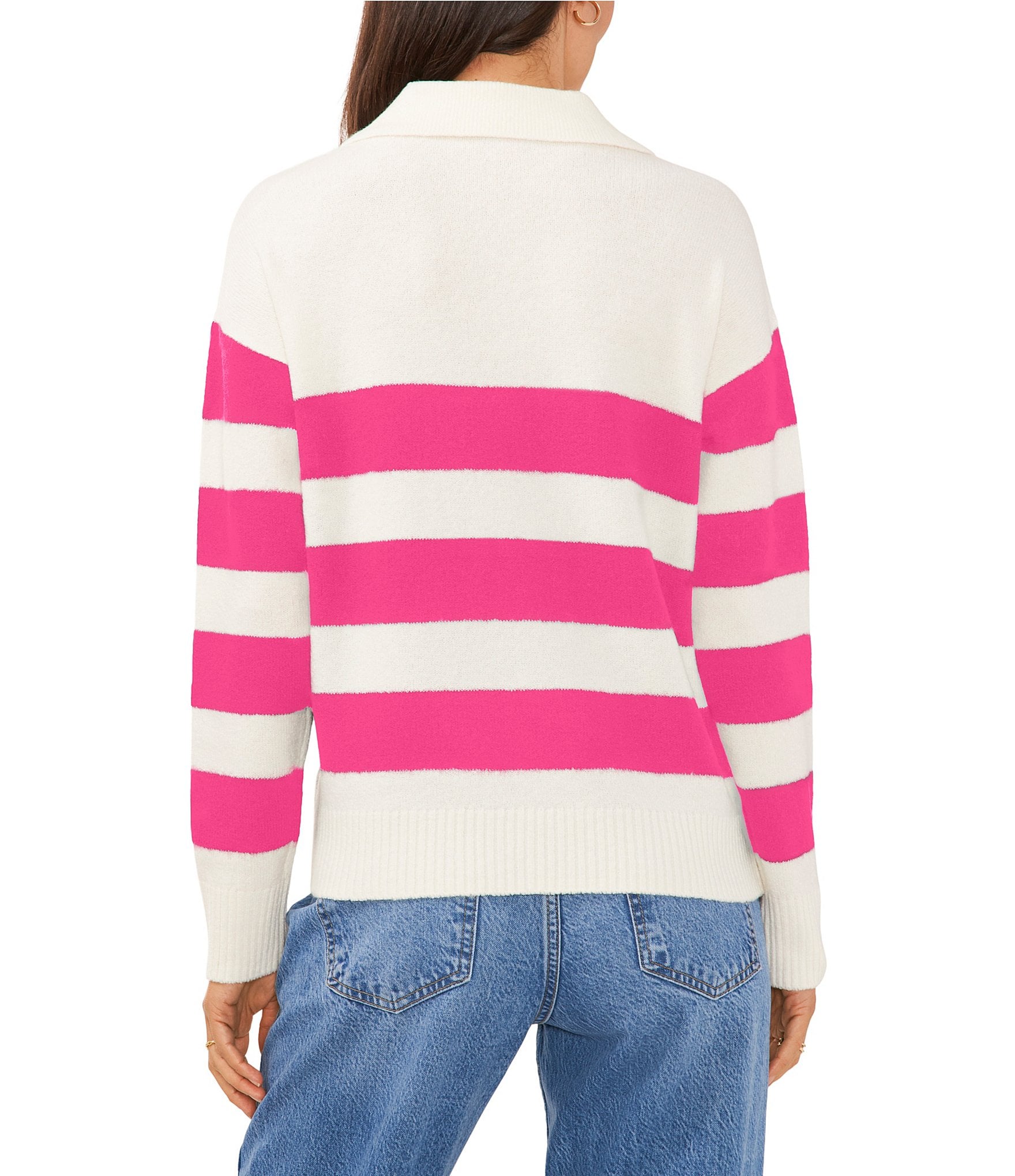 Vince Camuto Wide Striped Long Sleeve Point Collar Ribbed Cuff Knit Sweater