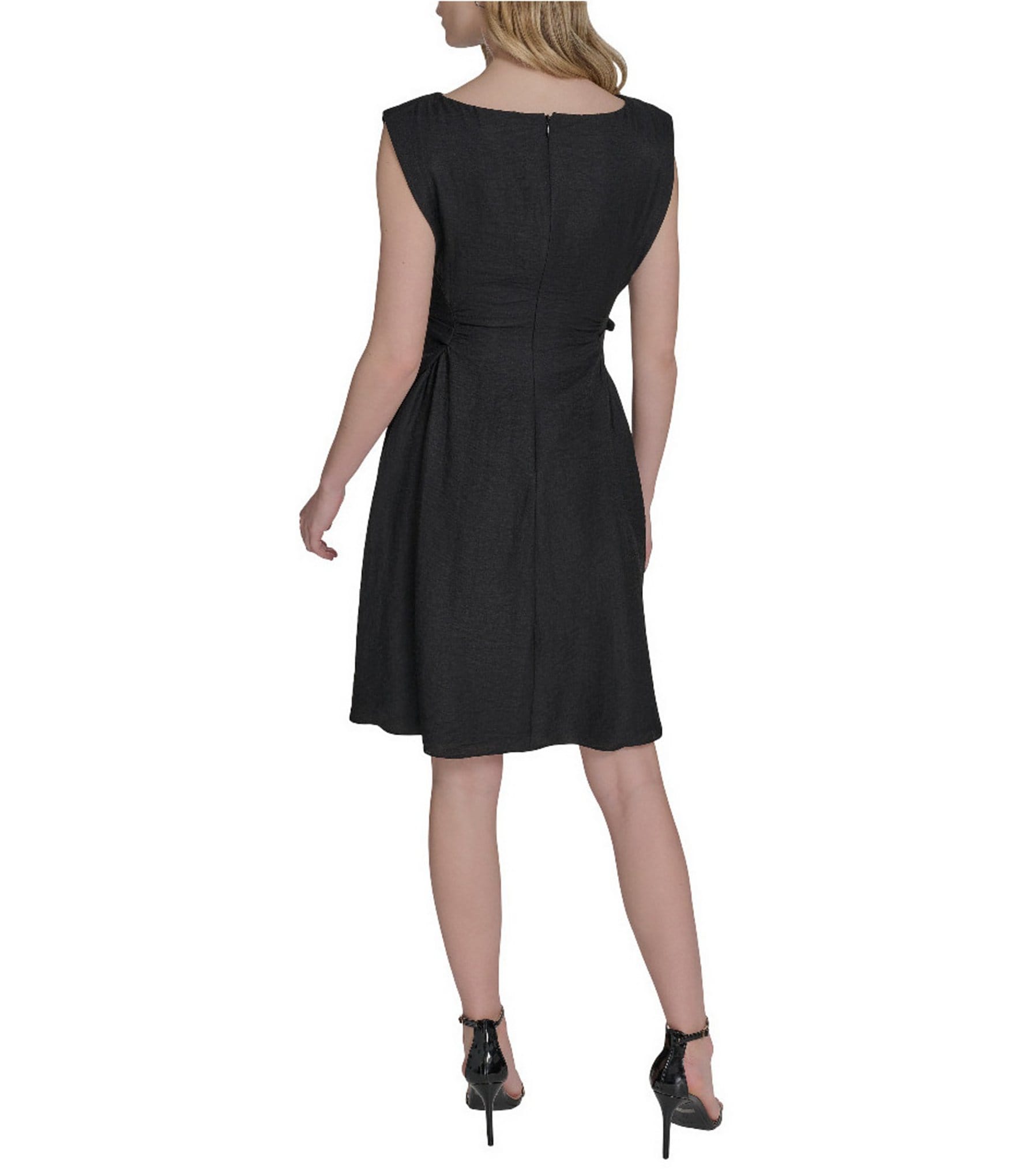 Vince Camuto Woven Boat Neck Sleeveless Ruched Fit and Flare Dress