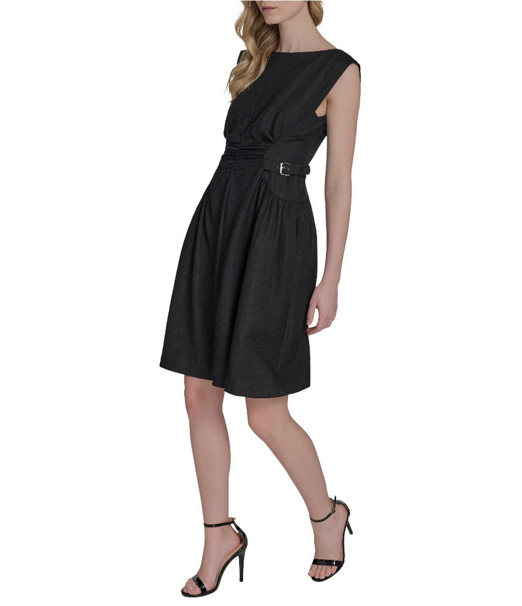 Vince Camuto Woven Boat Neck Sleeveless Ruched Fit and Flare Dress