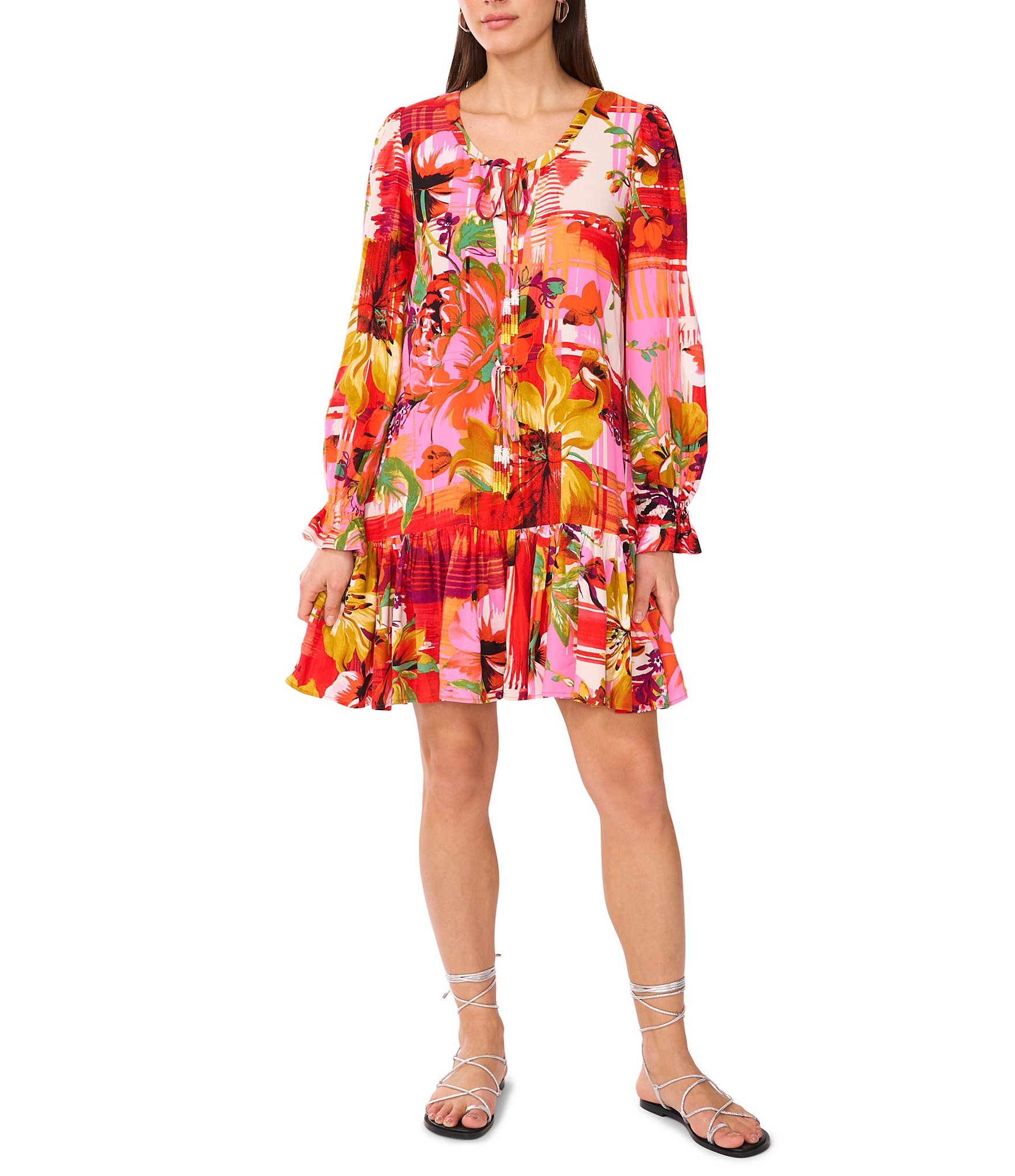 Vince Camuto Woven Floral Print Split Round Neck Long Sleeve Shift Dress
