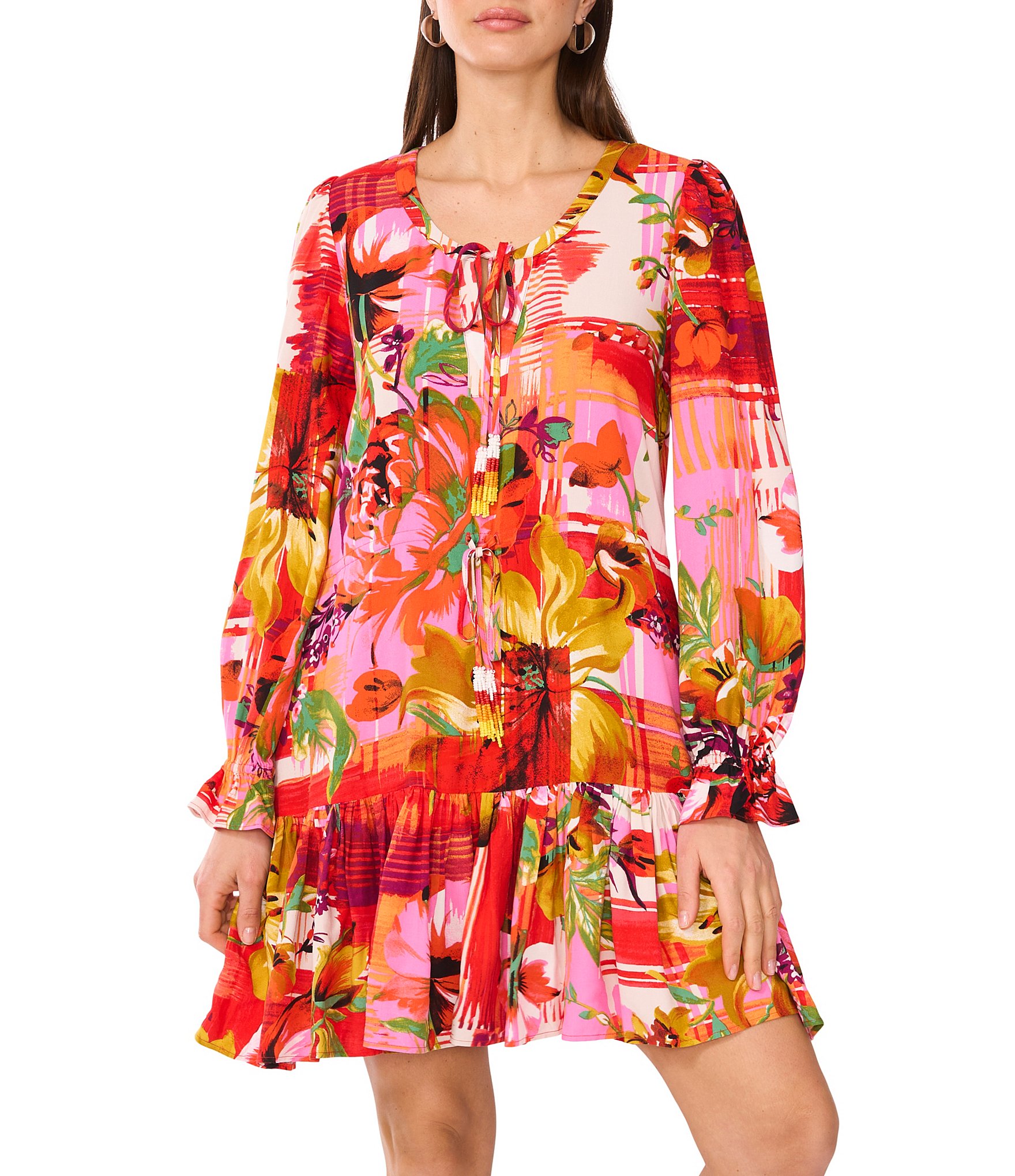 Vince Camuto Woven Floral Print Split Round Neck Long Sleeve Shift Dress