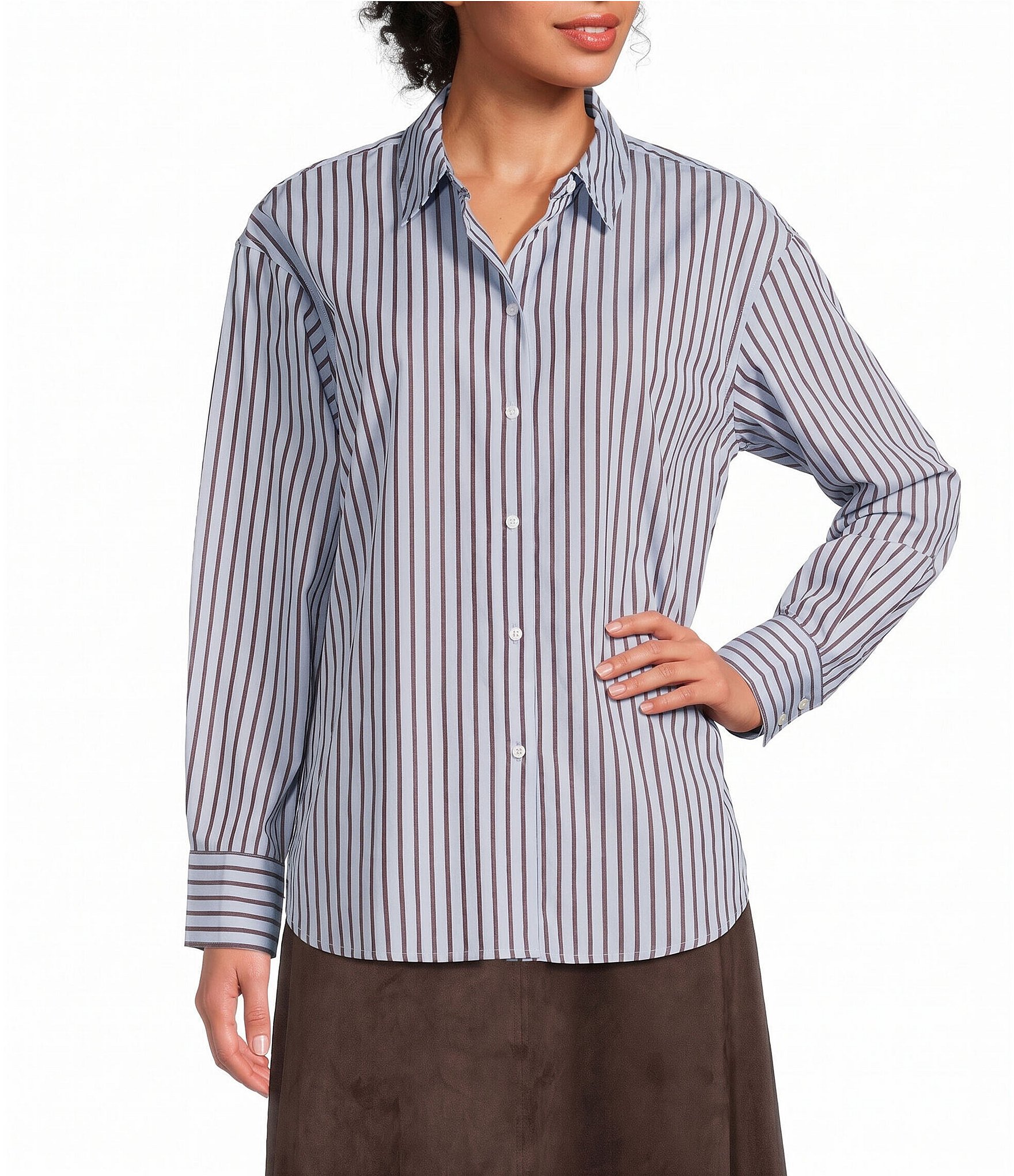 Vince Camuto Woven Long Sleeve Stripe Button Front Top