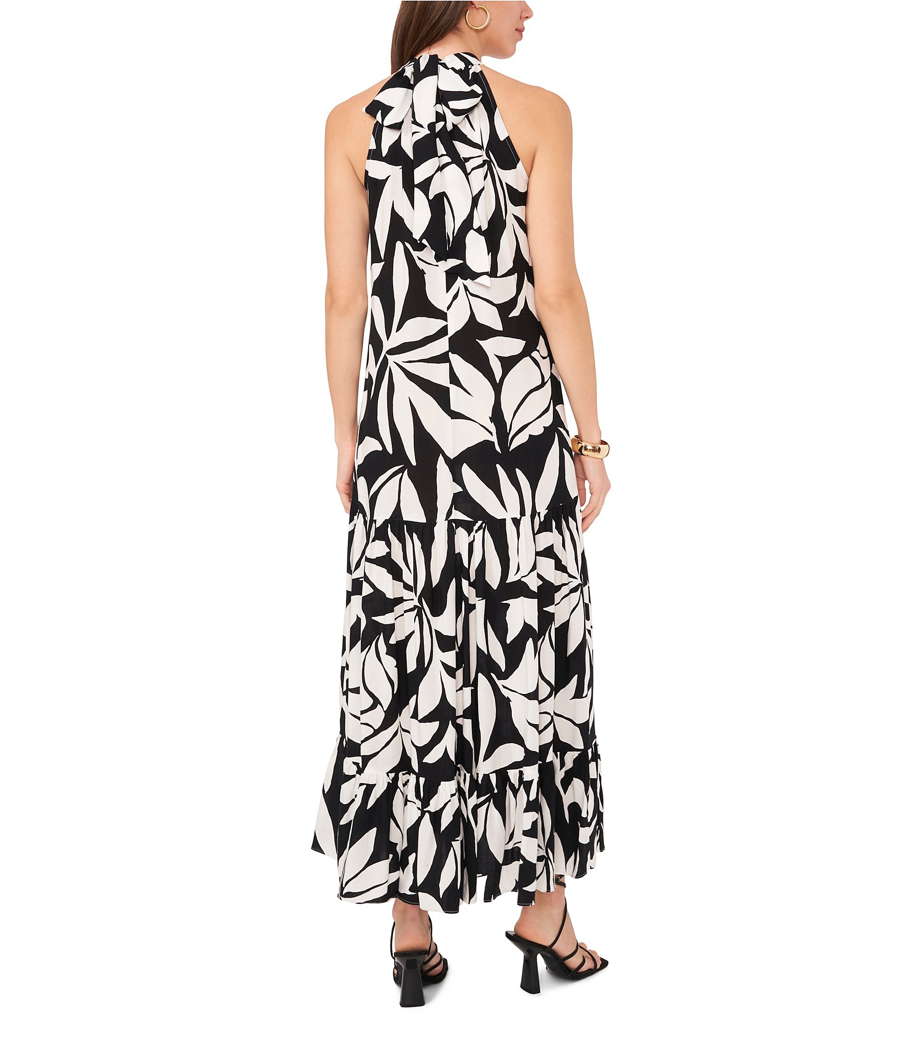 Vince Camuto Woven Printed Halter Neckline Sleeveless Tiered Maxi A-Line Dress