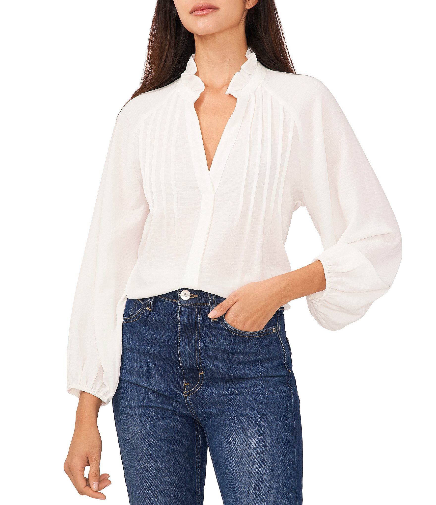 Vince Camuto Woven Split V-Neck 3/4 Sleeve Pintuck Pleated Top | Dillard's