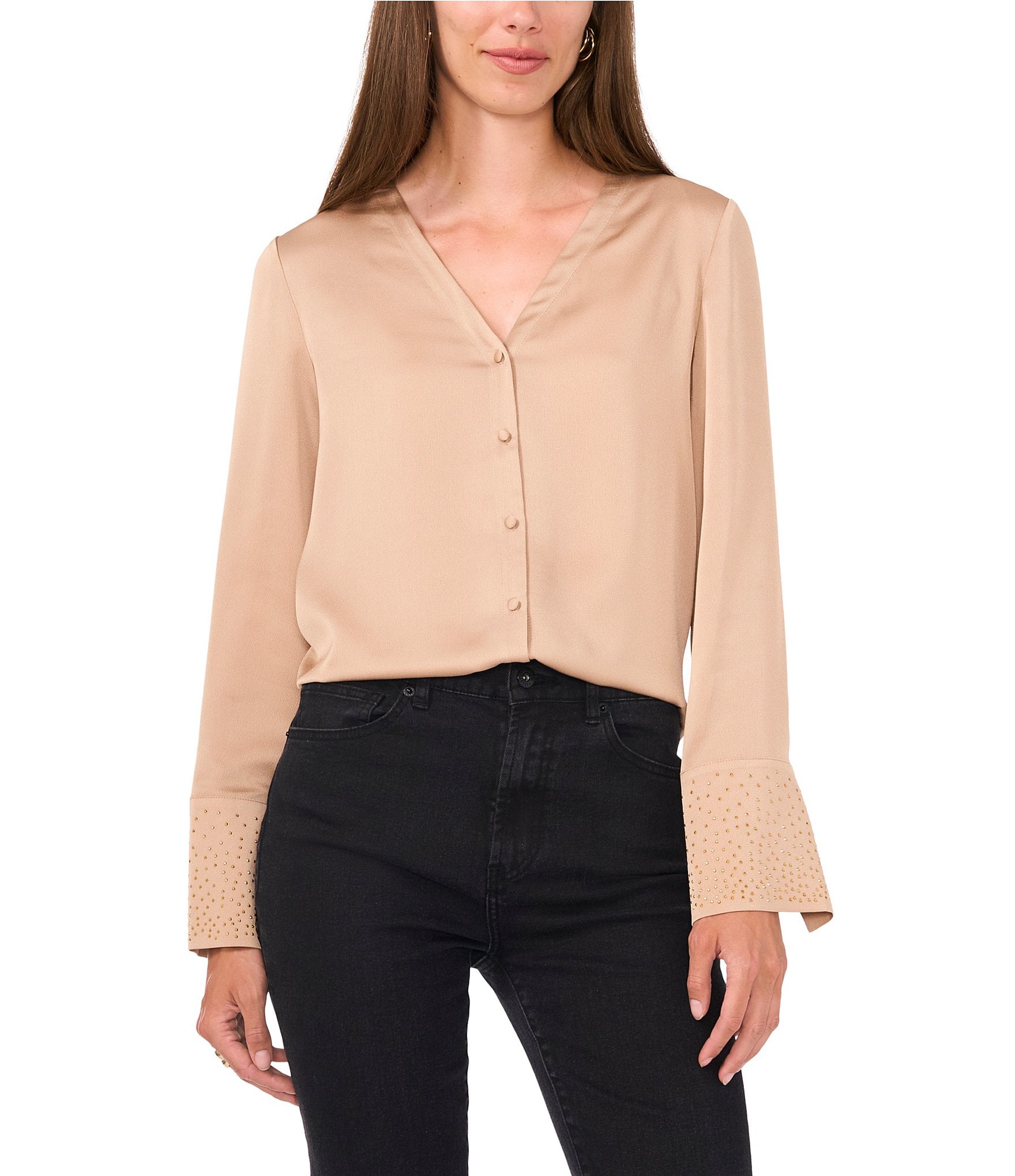 Vince Camuto Woven V-Neck Button Front Long Sleeve Gem Detail Blouse