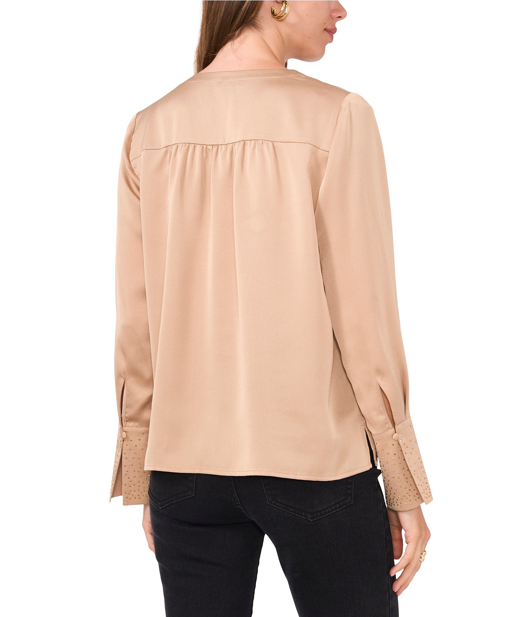 Vince Camuto Woven V-Neck Button Front Long Sleeve Gem Detail Blouse