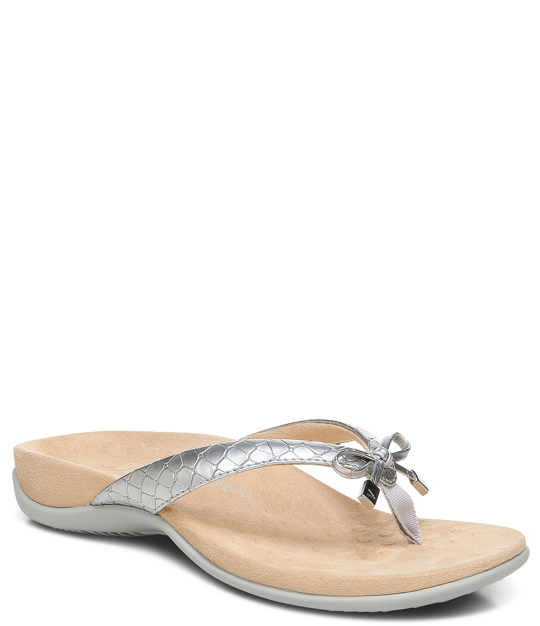 Vionic Bella Metallic Crocodile Print Embossed Bow Detail Thong Sandals ...