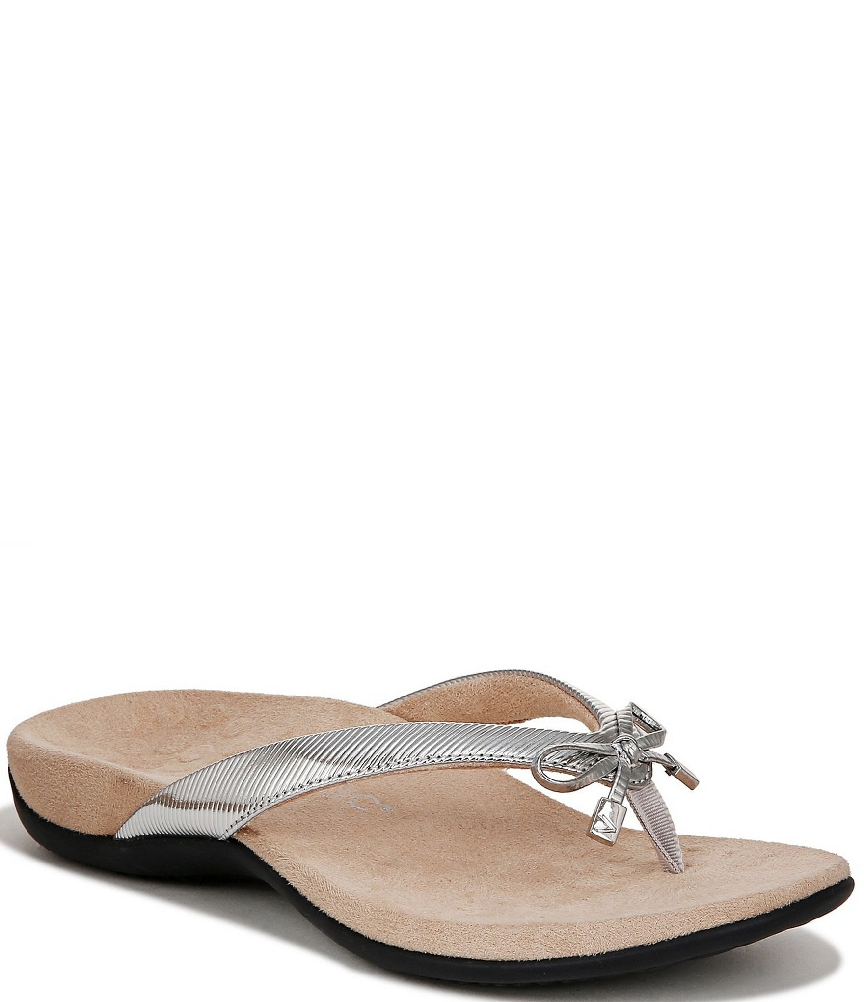 Vionic Bella Ribbed Metallic Bow Detail Thong Sandals | Dillard's