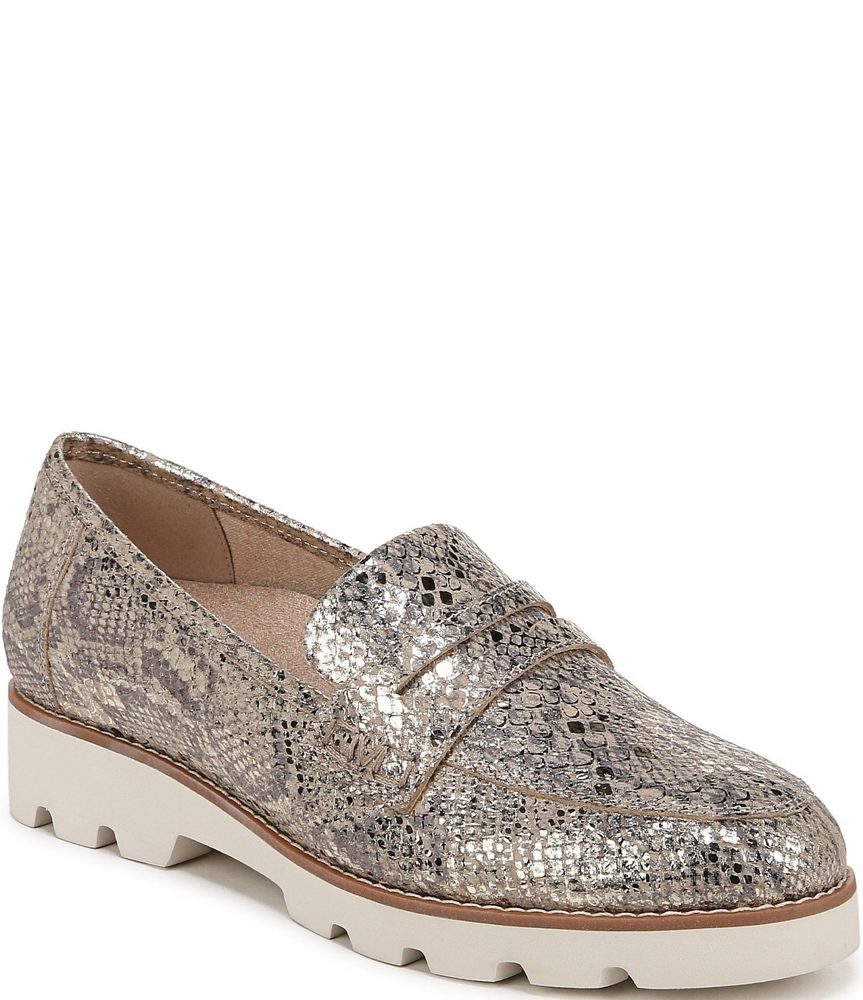 Vionic Cheryl II Metallic Snake Print Leather Lugged Penny Loafers ...