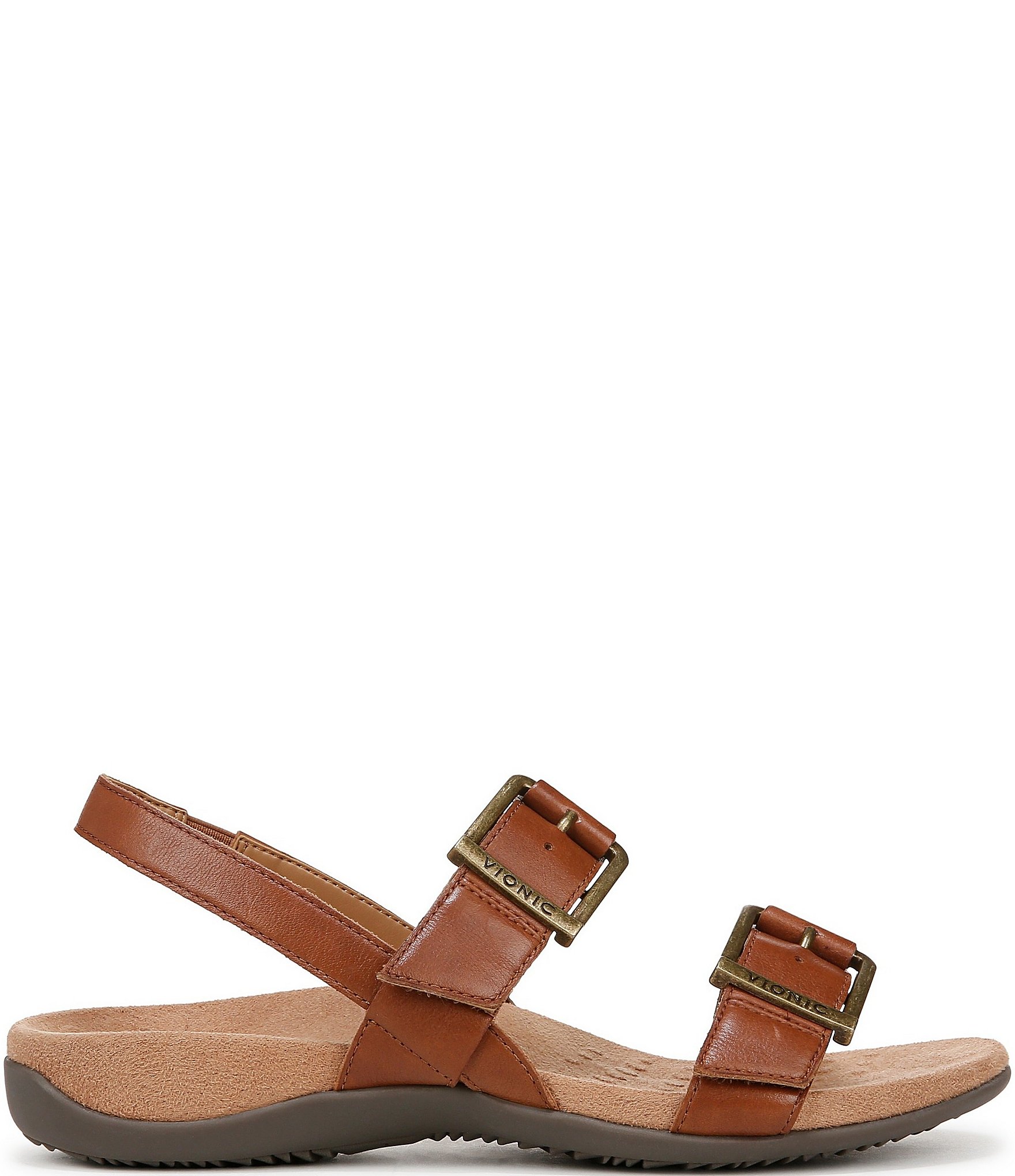Vionic Reese Leather Buckle Hardware Hook-and-Loop Banded Slingback Sandals