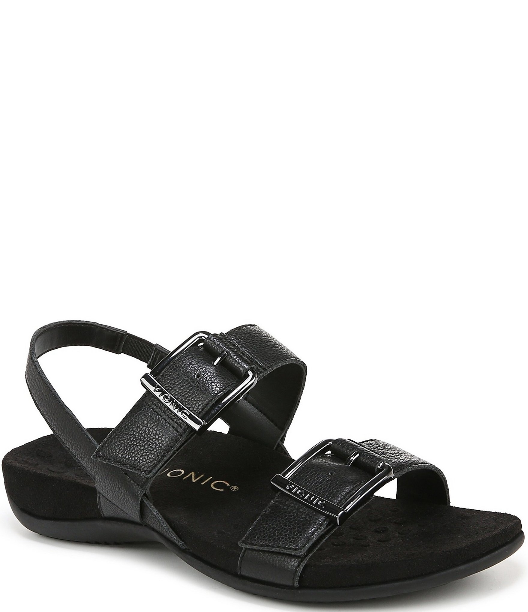 Vionic Reese Leather Buckle Hardware Hook-and-Loop Banded Slingback Sandals