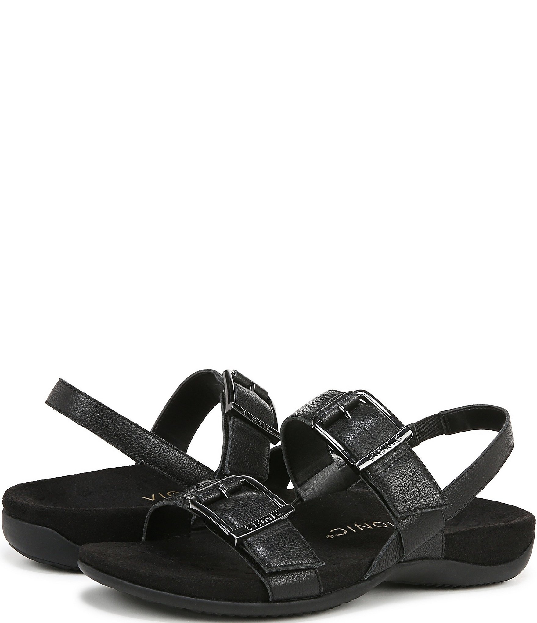 Vionic Reese Leather Buckle Hardware Hook-and-Loop Banded Slingback Sandals